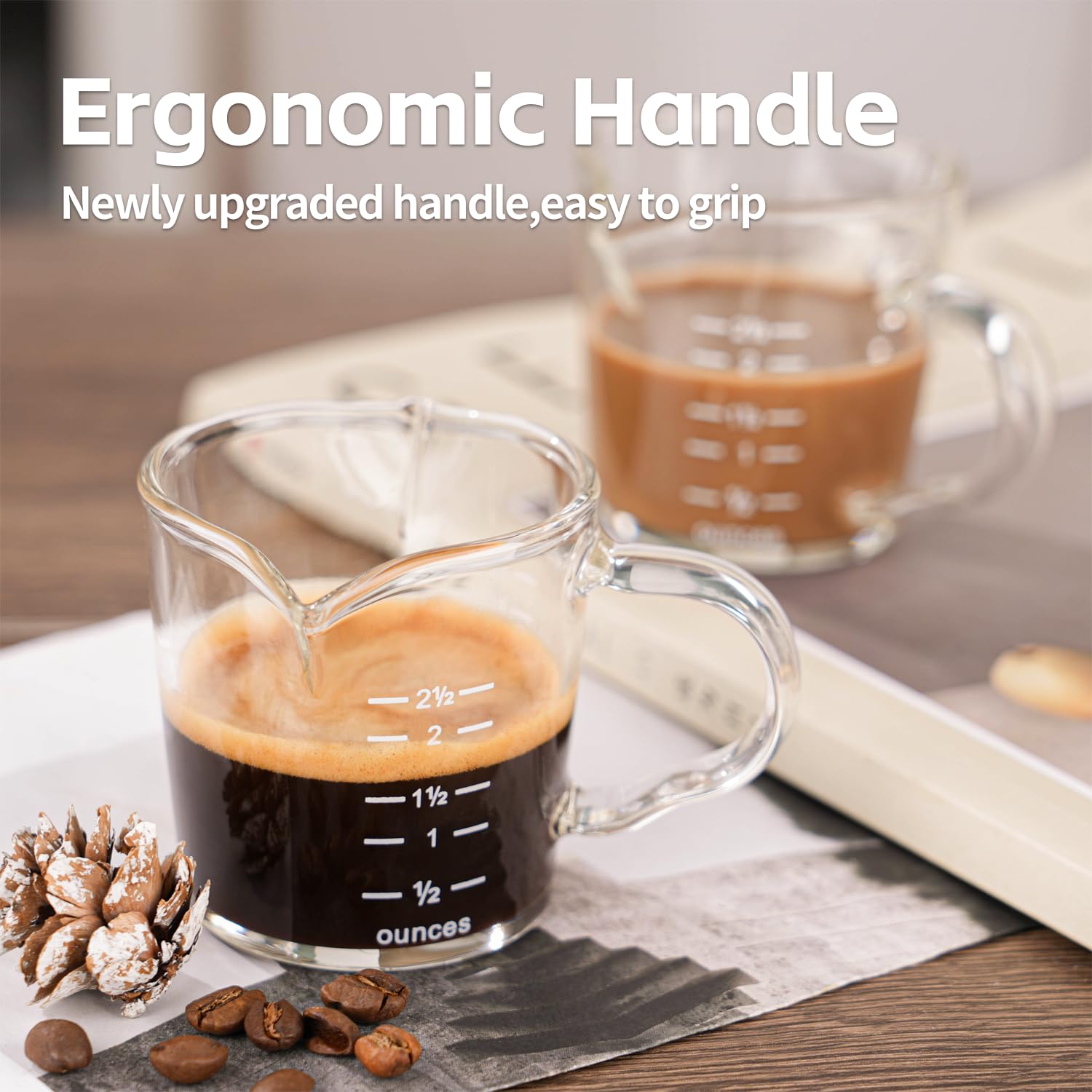 BCnmviku Espresso Shot Glass 3-Ounce Triple Pitcher Barista Double Spouts With Pouring Handle (2 Pack)