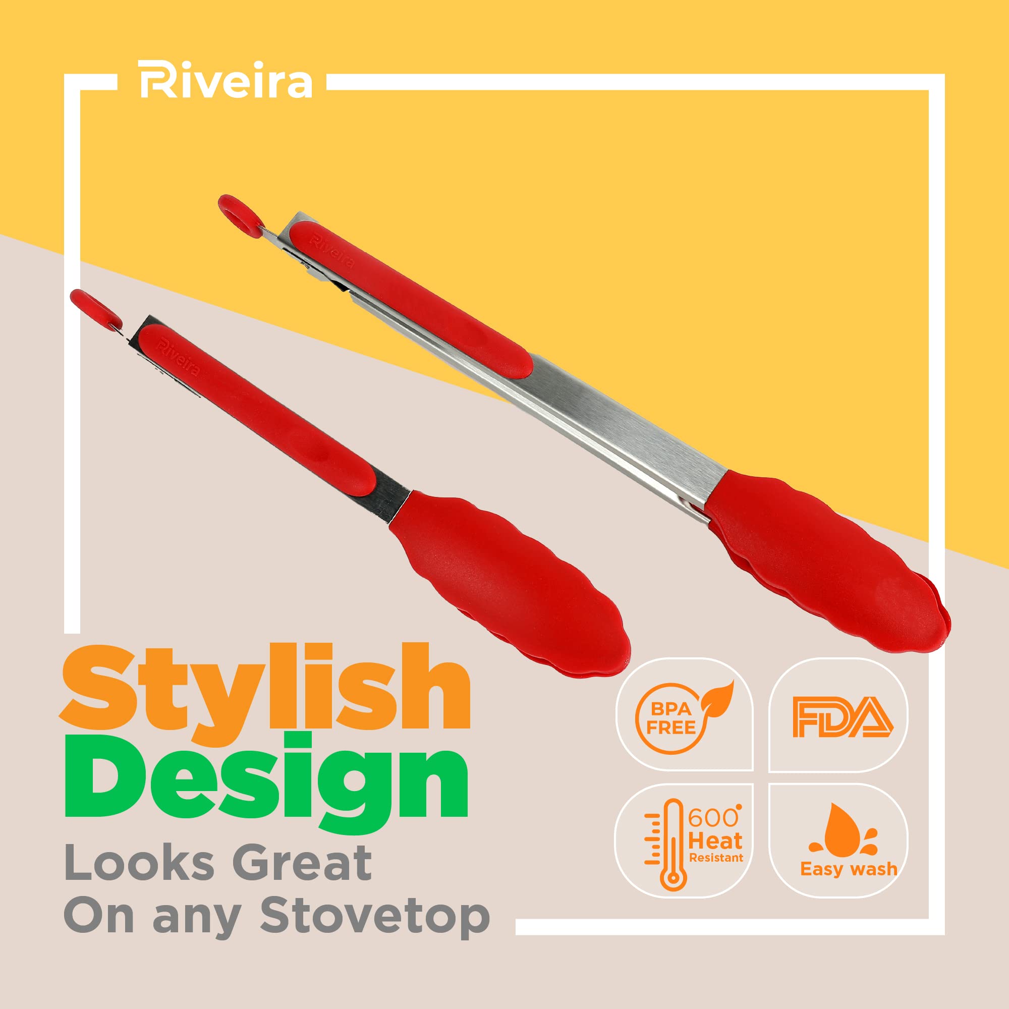 Riveira Red Tongs For Cooking With Silicone Tips | 9 And 12-Inch Pieces | Non-Stick Kitchen Grill Tongs | Bbq Tongs For Grill |