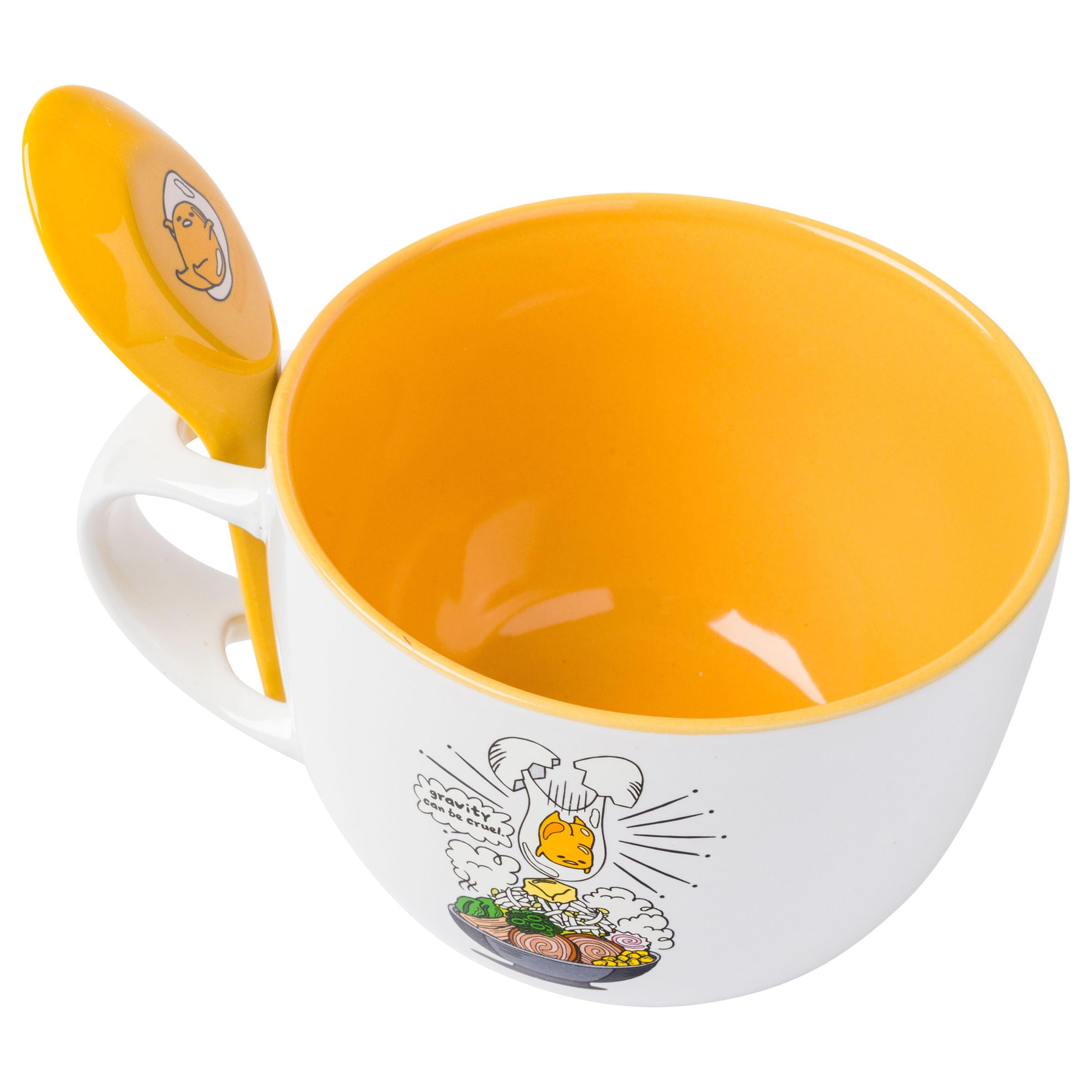 Silver Buffalo Sanrio Gudetama Lazy Egg Dangerous Situations Ceramic Soup Mug With Spoon, 24 Ounces