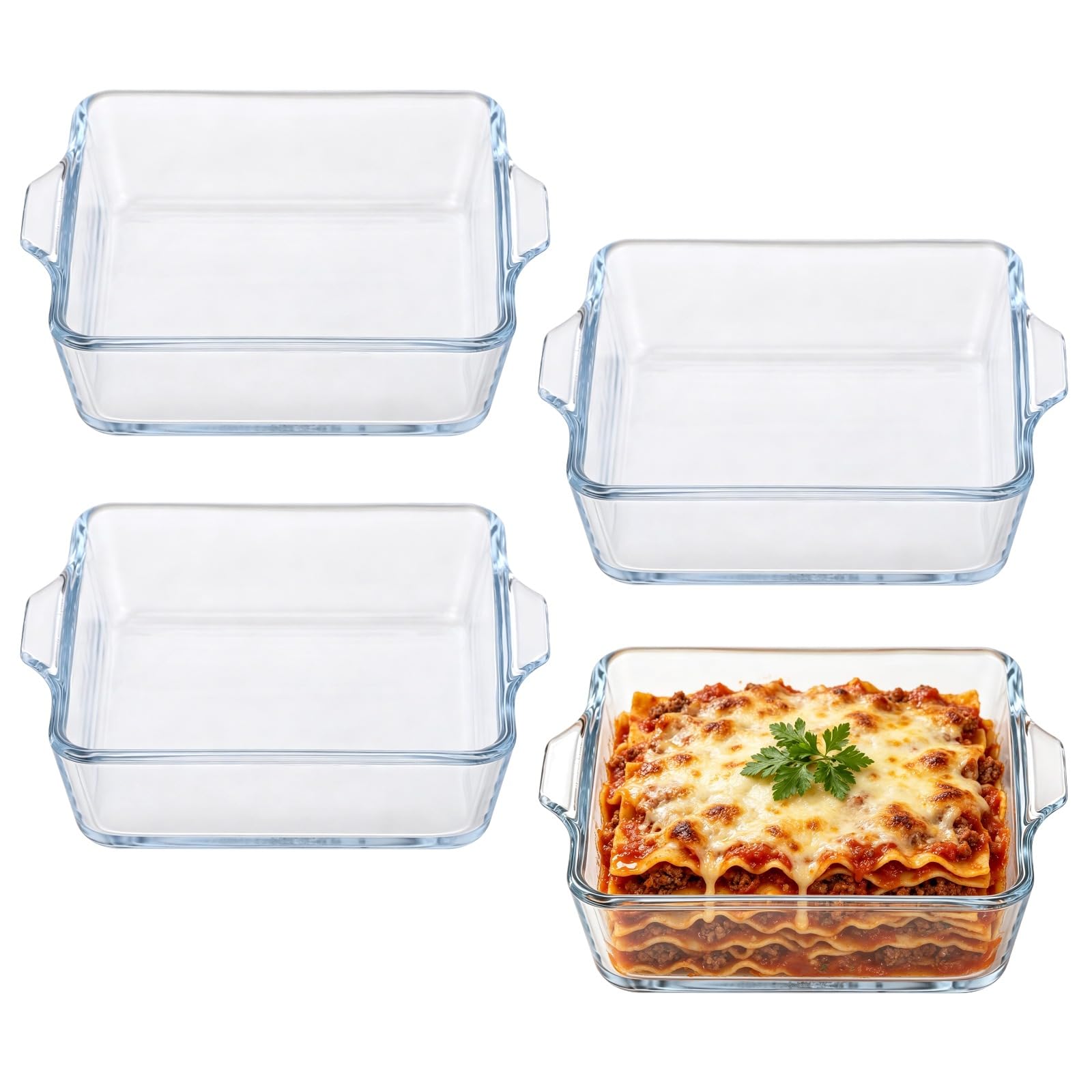 Skdqiee 4 Pcs Small Glass Baking Dishes, 17 oz / 0.5 L Square Casserole Pans with Handles, Oven Safe Bakeware for Individual Por