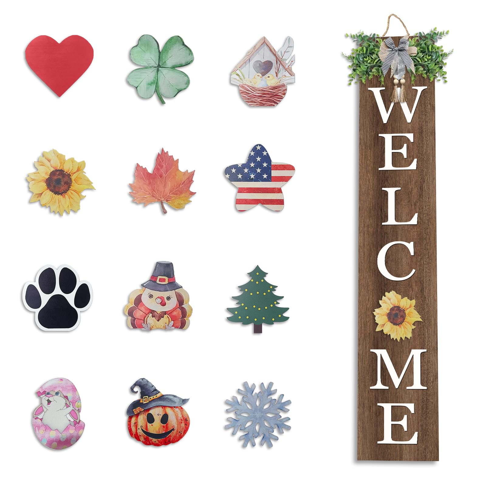 flowtorely Interchangeable Outdoor Welcome Sign for Front Porch Standing 47  8 Set of 3 Large Wood Frame with 12 Pcs Icons Verti