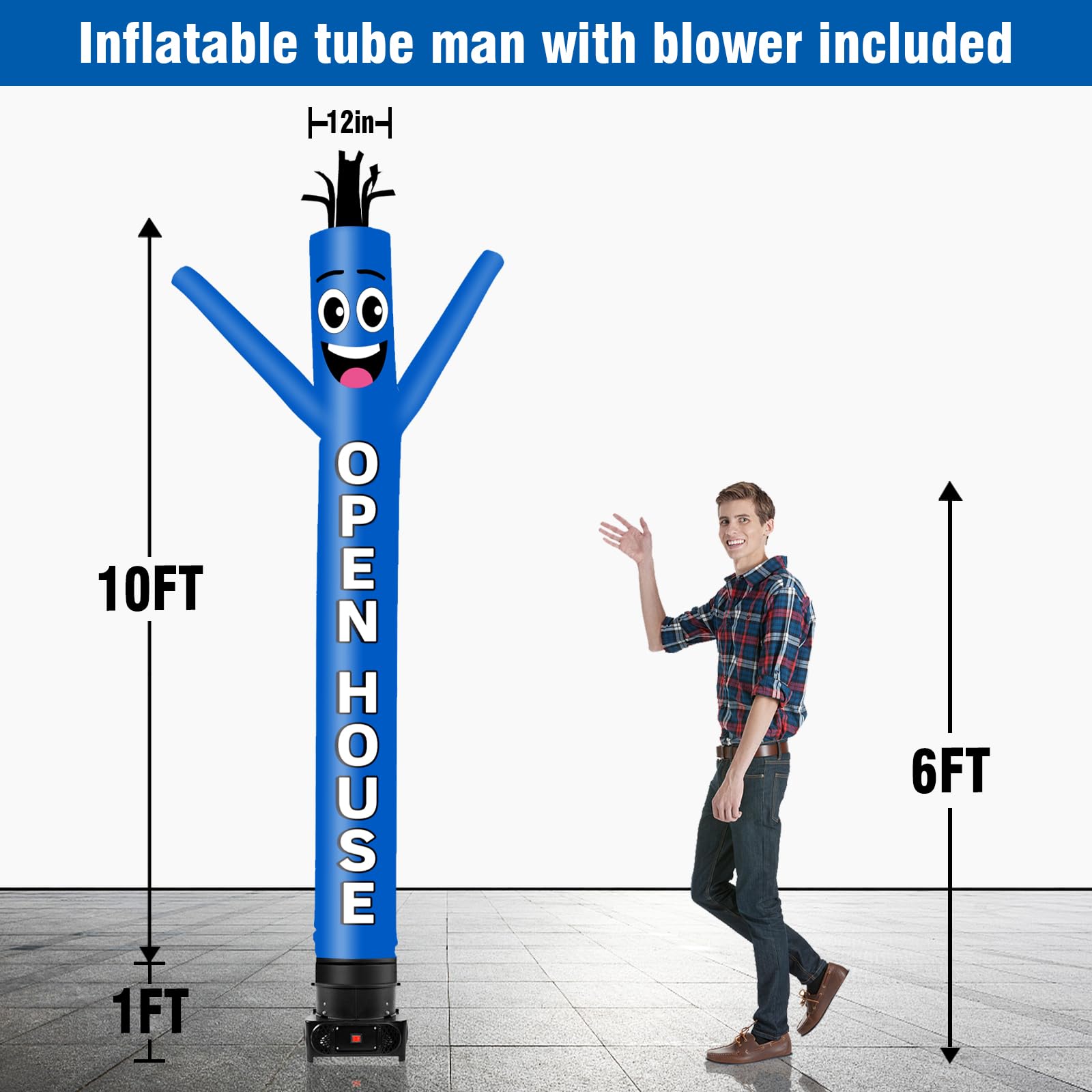 GOODENY 10FT Tall Inflatable Tube Man Open House Wacky Wavy Dancing Guy with 3/4 HP Weather-Resistant Blower (12  Diameter) for