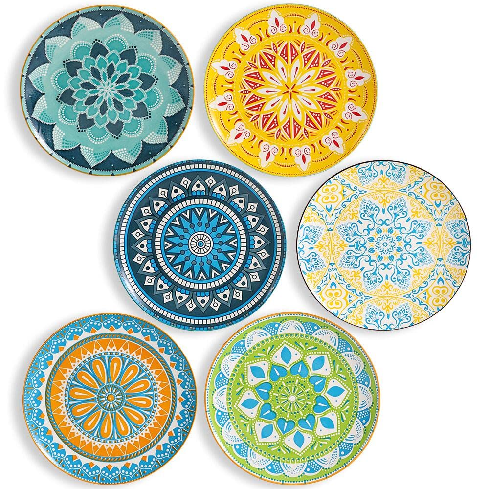 Ahx Dinner Plates Ceramic Plate Set - 10 Inch Large Porcelain Round Plate Sets Of 6 - Flat Colorful Pattern Dining Plates For Ki