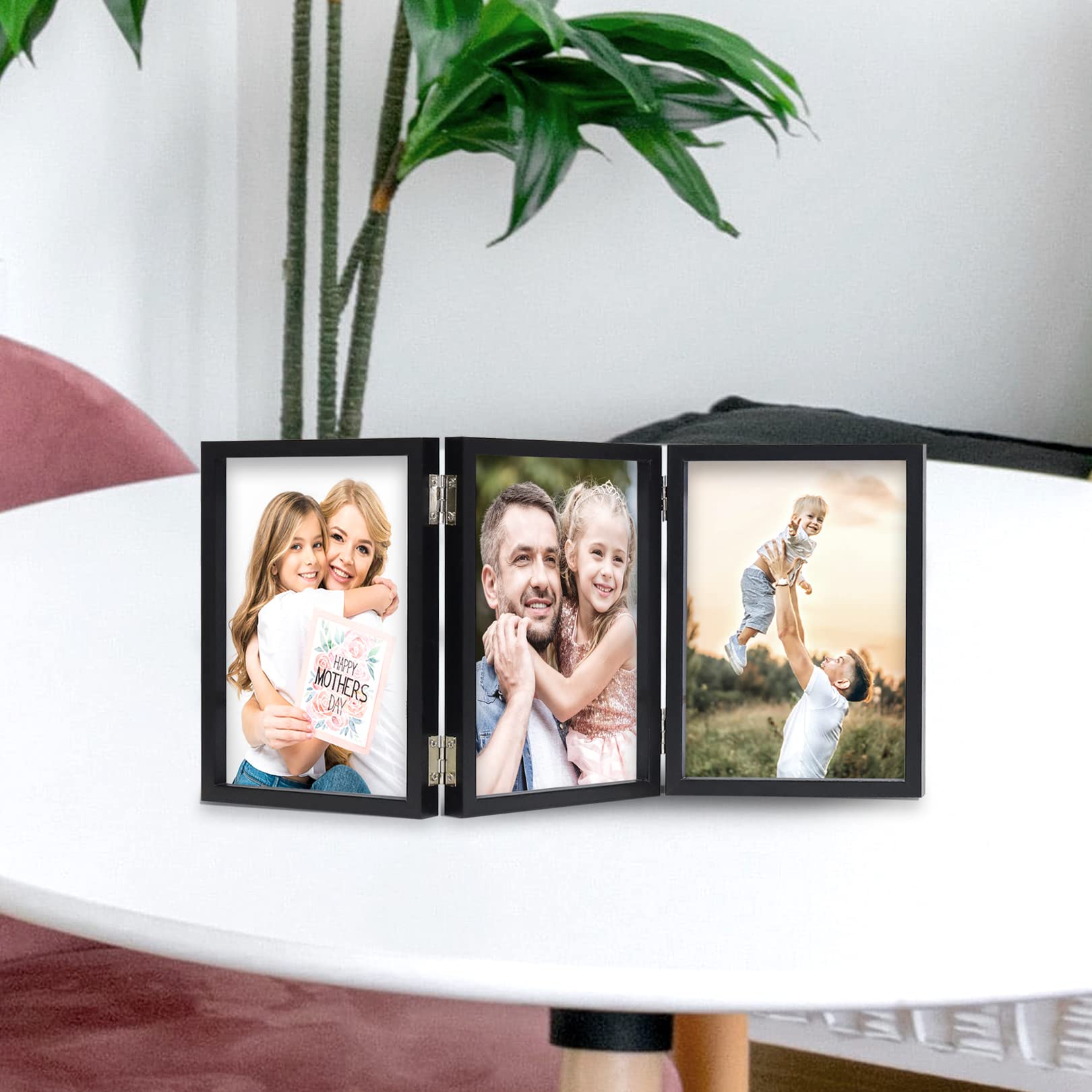 3 Picture Frame 4x6 Black Triple Hinged MDF Wood with Glass Front Three Opening Photo Frame Stand Vertical on Tabletop
