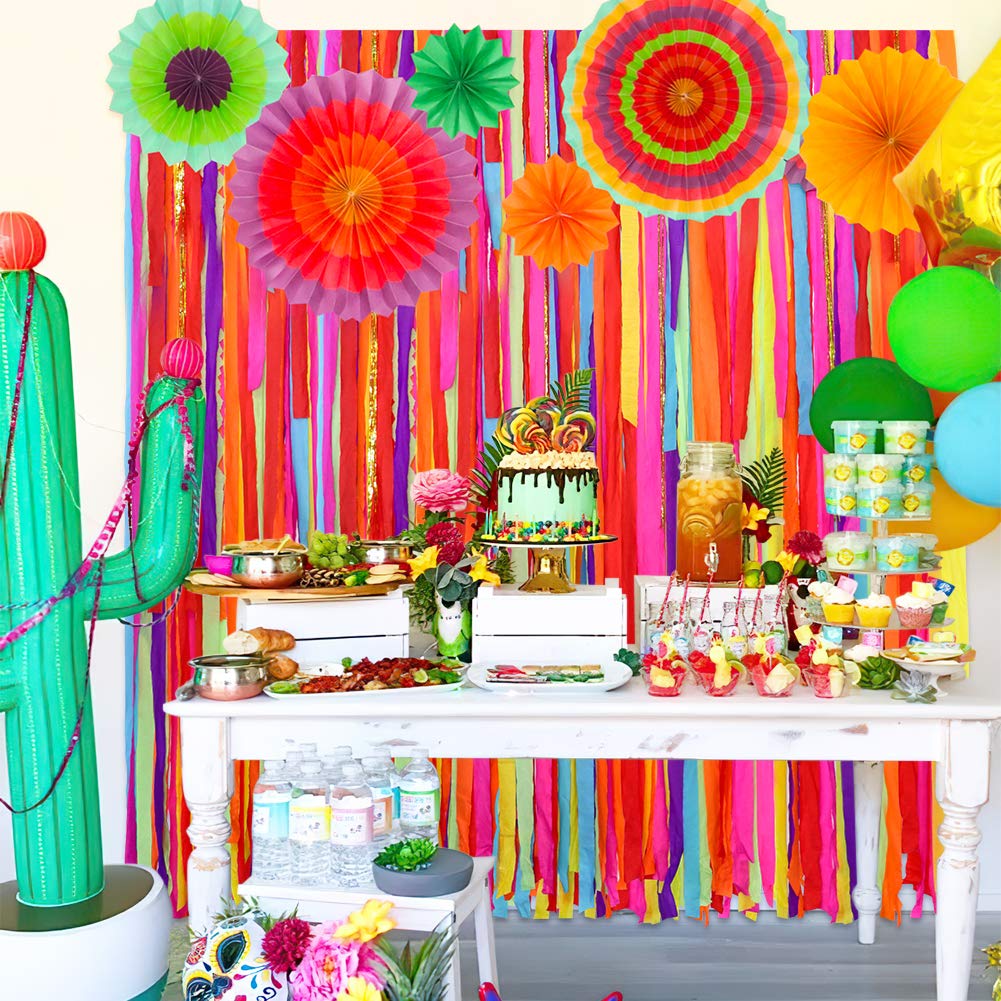 Mexican Fiesta Theme Party Backdrop with Fiesta Paper Fans  Mexican Fiesta Cinco De Mayo Party Decorations Streamer Backdrop for Taco Party Wedding Bridal Baby Shower Birthday Supplies