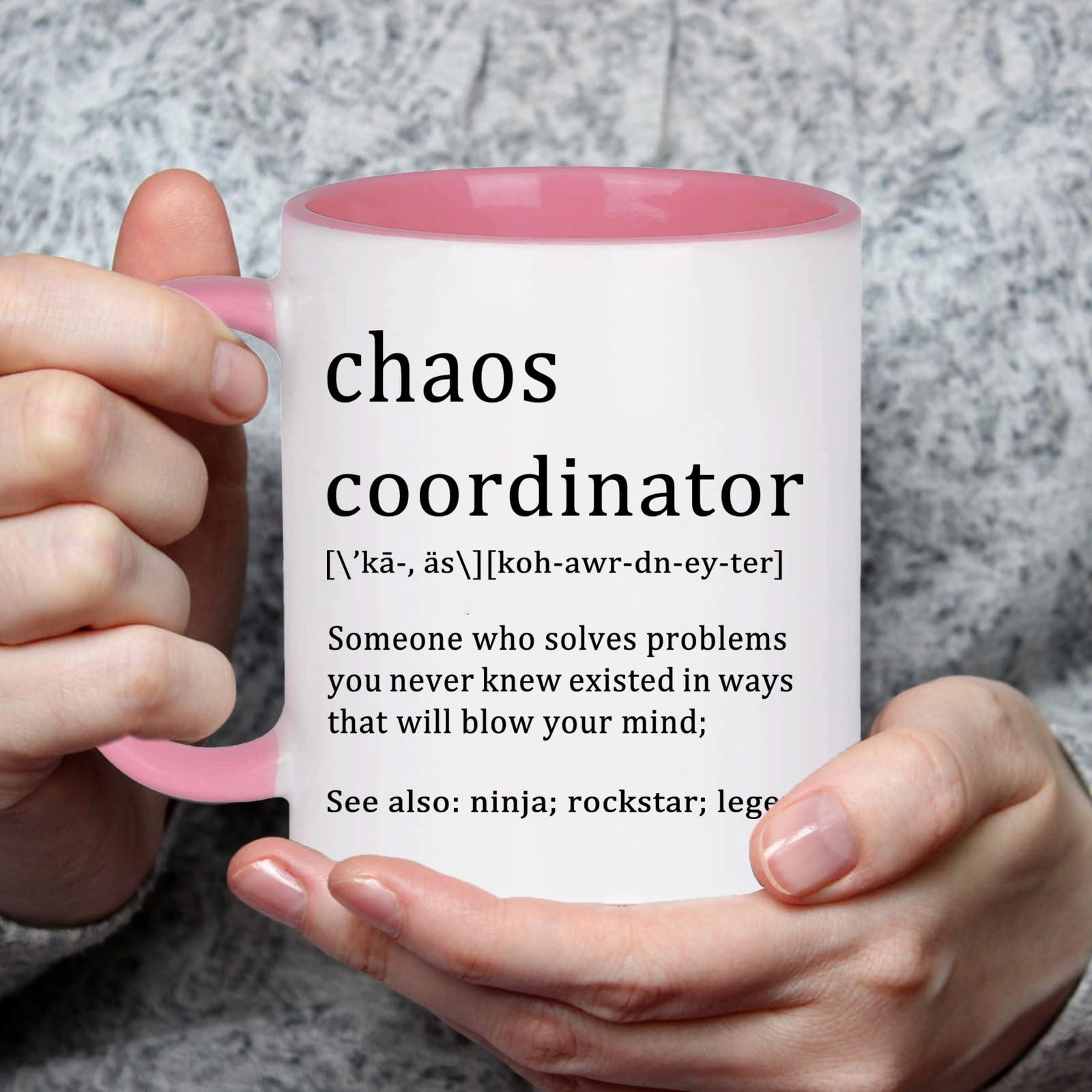 WENSSY Pink Chaos Coordinator Mug, 11 oz, Porcelain, Coffee Cup, Christmas Gift for Coworkers, Boss