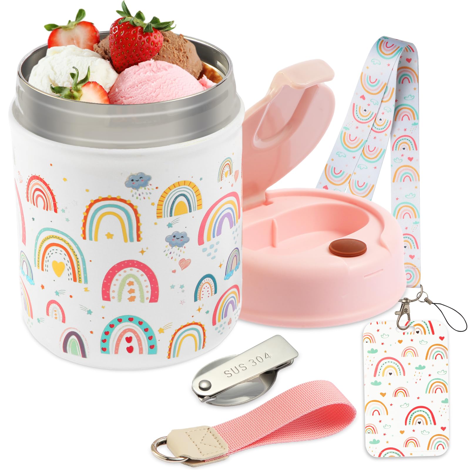 Winkabiu 16oz Small Thermo for Hot Food Kids & Lanyard Card Holder SetLunch Thermo Kids Food Jar with Spoon Hot Insulated Food 
