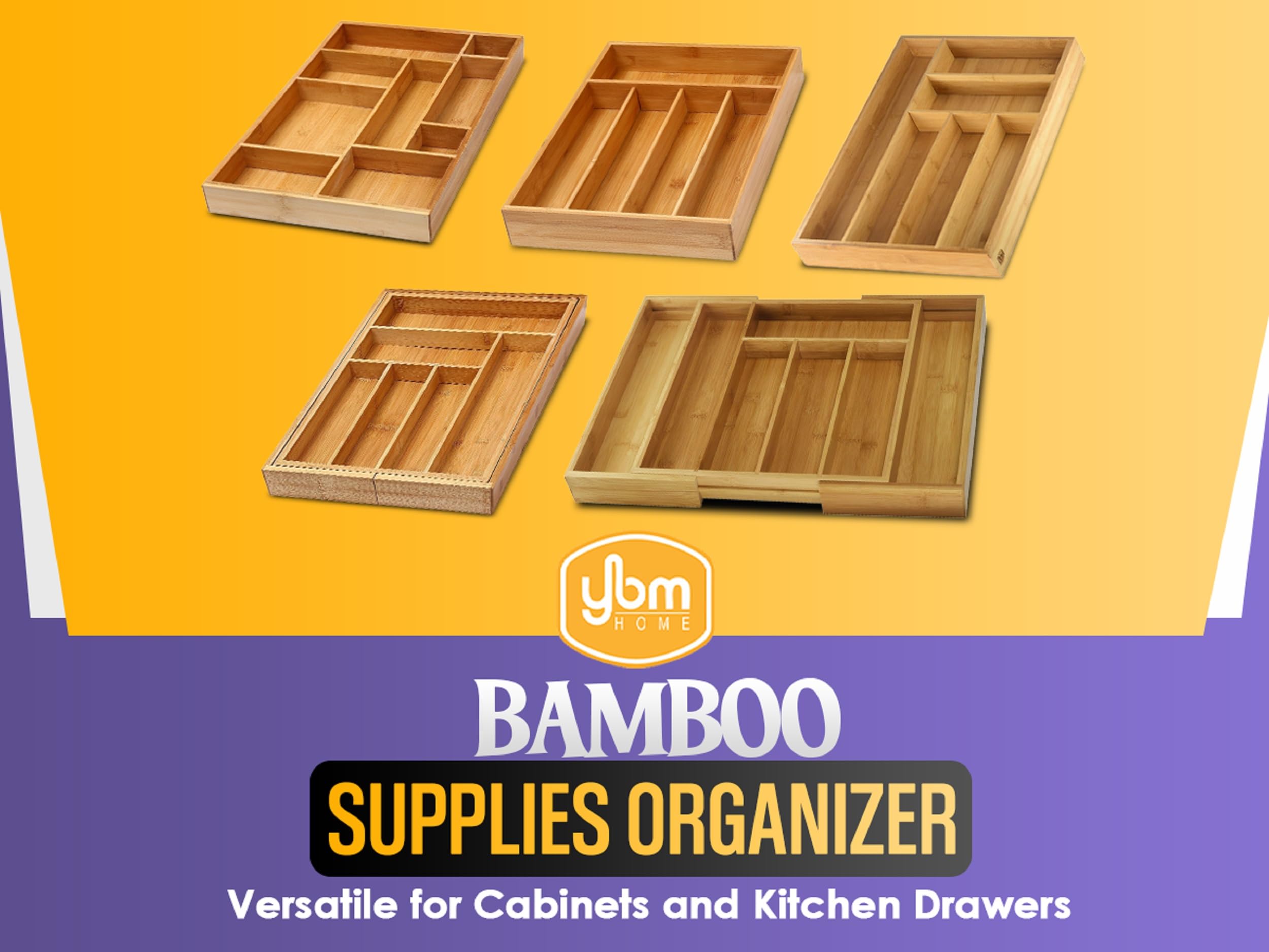 Ybm Home Bamboo Junk Drawer Organizer With 9 Compartment Organization Tray For Sewing, Craft, Office, Bathroom And Kitchen Stora
