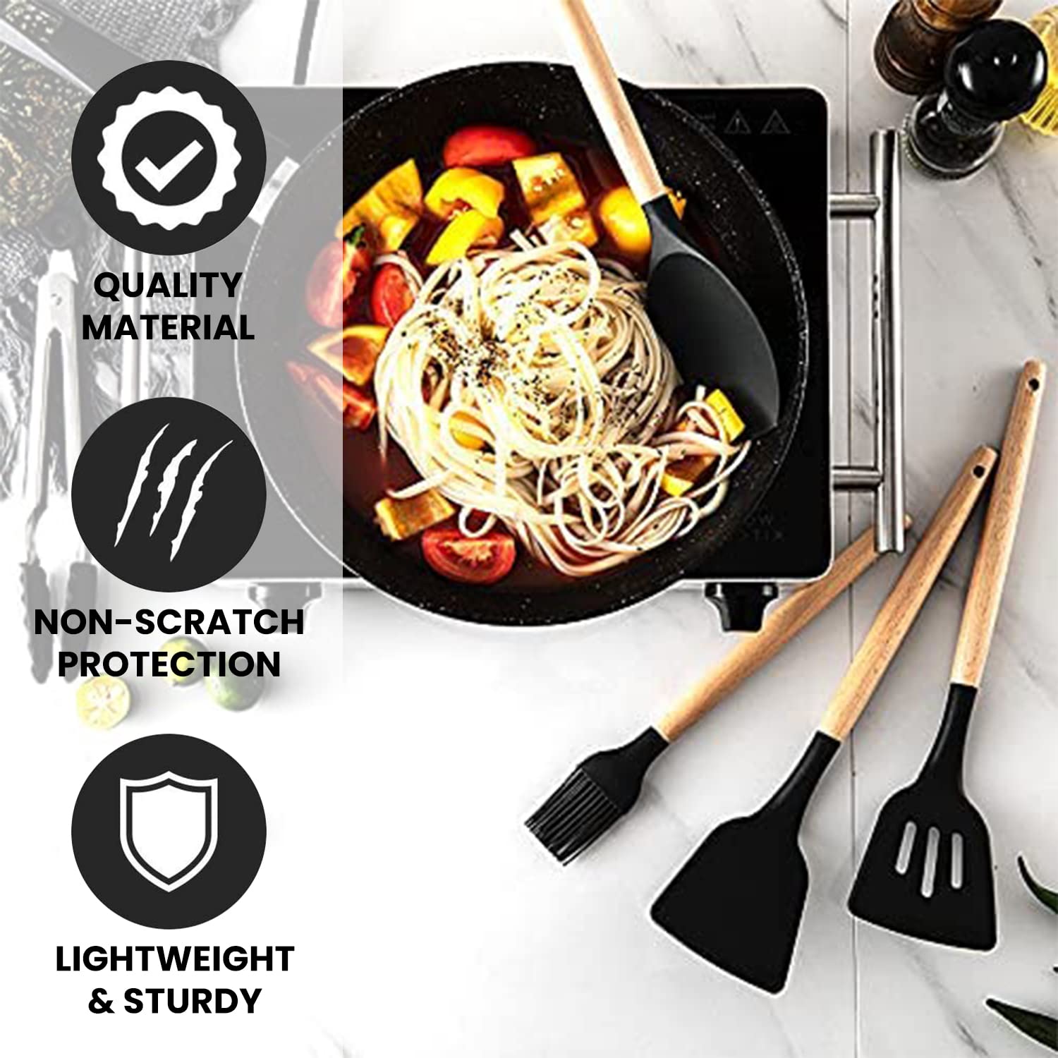 12 Pieces Kitchen Silicone Utensils Sets Cooking Utensils Sets Wooden Handle Spoon Tong Heat Resistant Non Stick Cookware Spatul