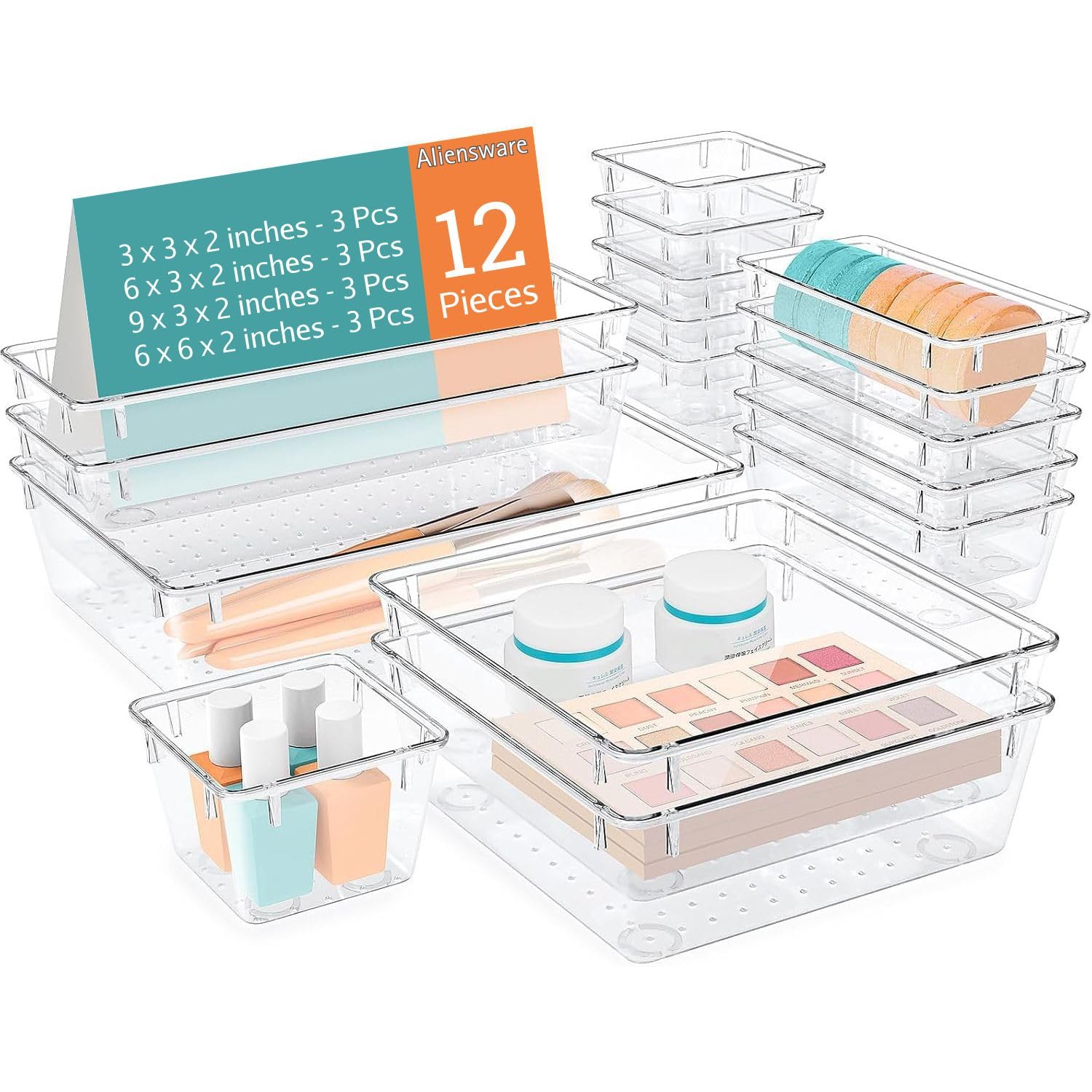 Aliensware 12Pcs Transparent Drawer Organizer, Versatile Bathroom And Vanity Organiser,Storage Bins For Makeup Cosmetics,Jewelle