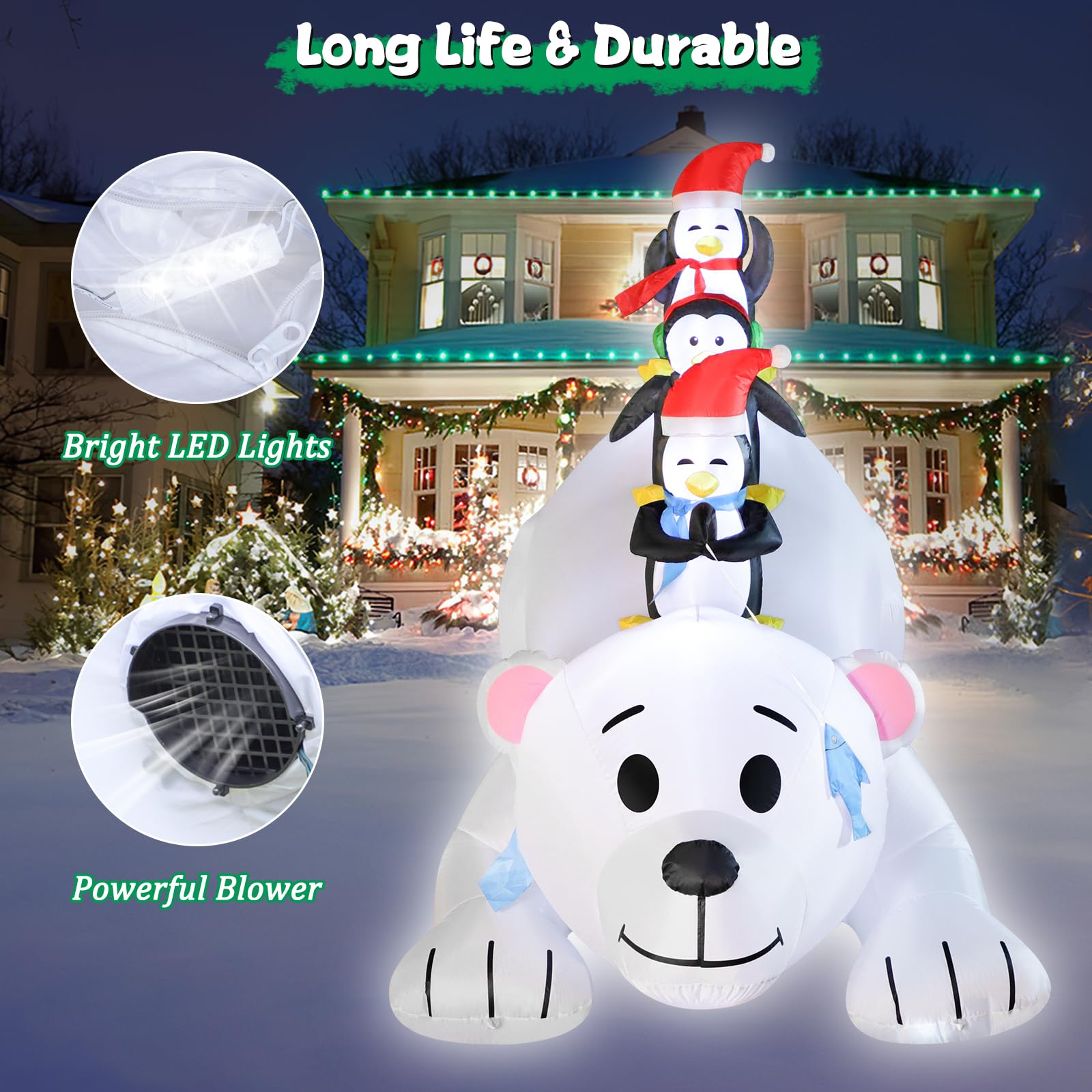 FunFanso 8FT Christmas Inflatable Polar Bear with Penguins Outdoor Yard Decorations, Blow up 3 Penguins Fishing on Big Polar Bea