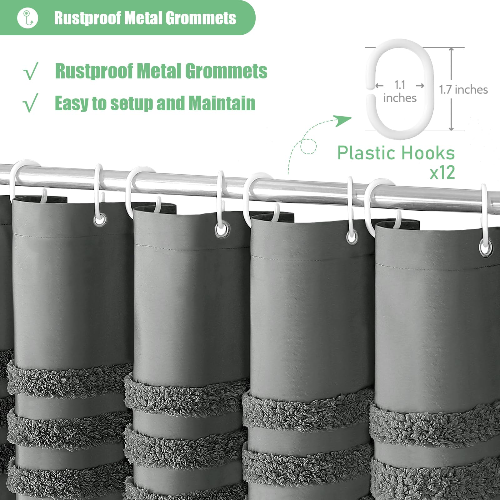 Dynamene Charcoal Grey Fabric Shower Curtain, Tufted Chenille Striped Cloth Shower Curtain For Bathroom, Modern Farmhouse Shabby