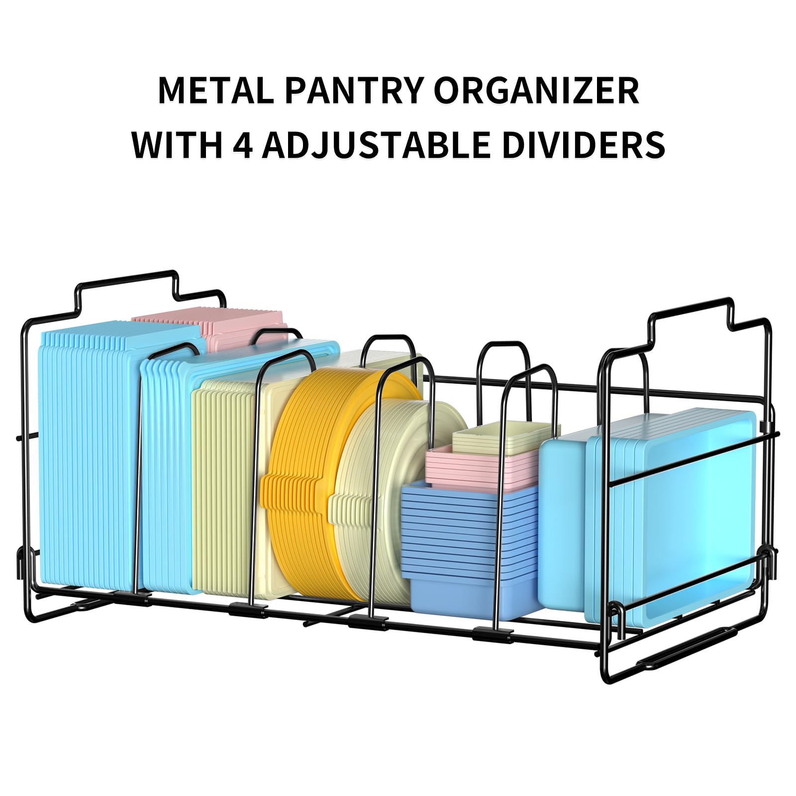Set Of 2 Stackable Food Container Lid Organizer, Adjustable Metal Lid Storage Shelf For Kitchen, 4 Dividers Detachable Lid Organ