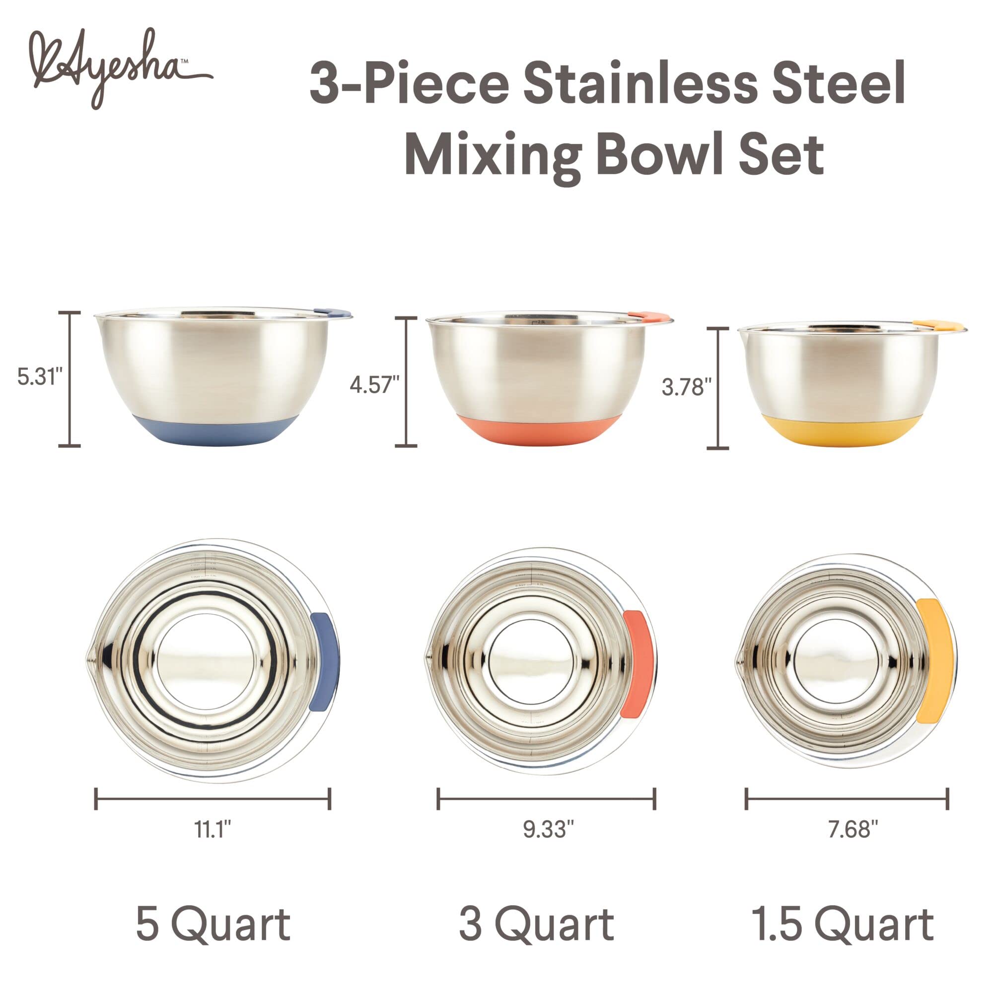 Ayesha Curry Kitchenware Pantryware Stainless Steel Nesting Mixing Bowls, 3-Piece Set, Silver With Color Accent Handles