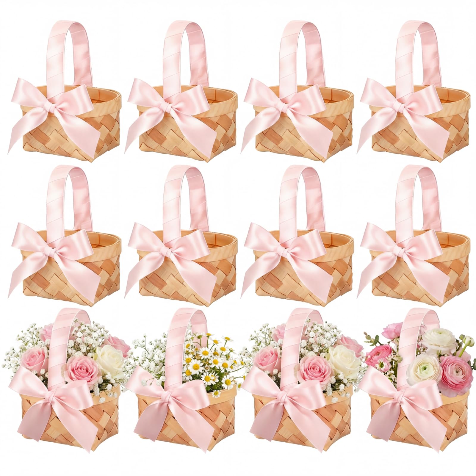 Geelin 12 Pcs Mini Flower Girl Basket Mini Woven Baskets with Handles Wood Chip Flower Fruit Picnic Holder with Pink Ribbon Chip