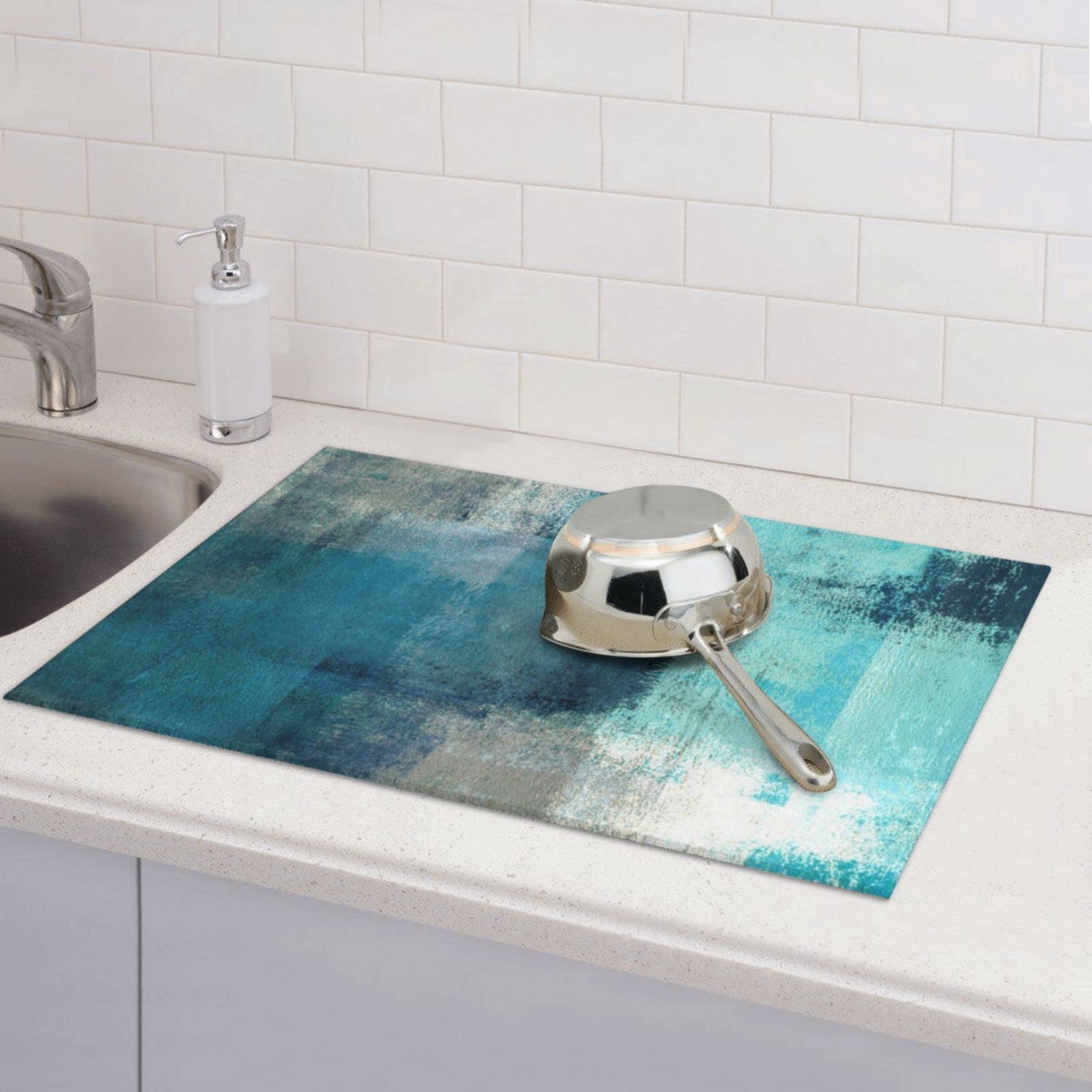 Teery-Yy Dish Drying Mat Turquoise And Grey Art Artwork Pattern Microfiber Absorbent Reversible Kitchenware Mat For White One Si
