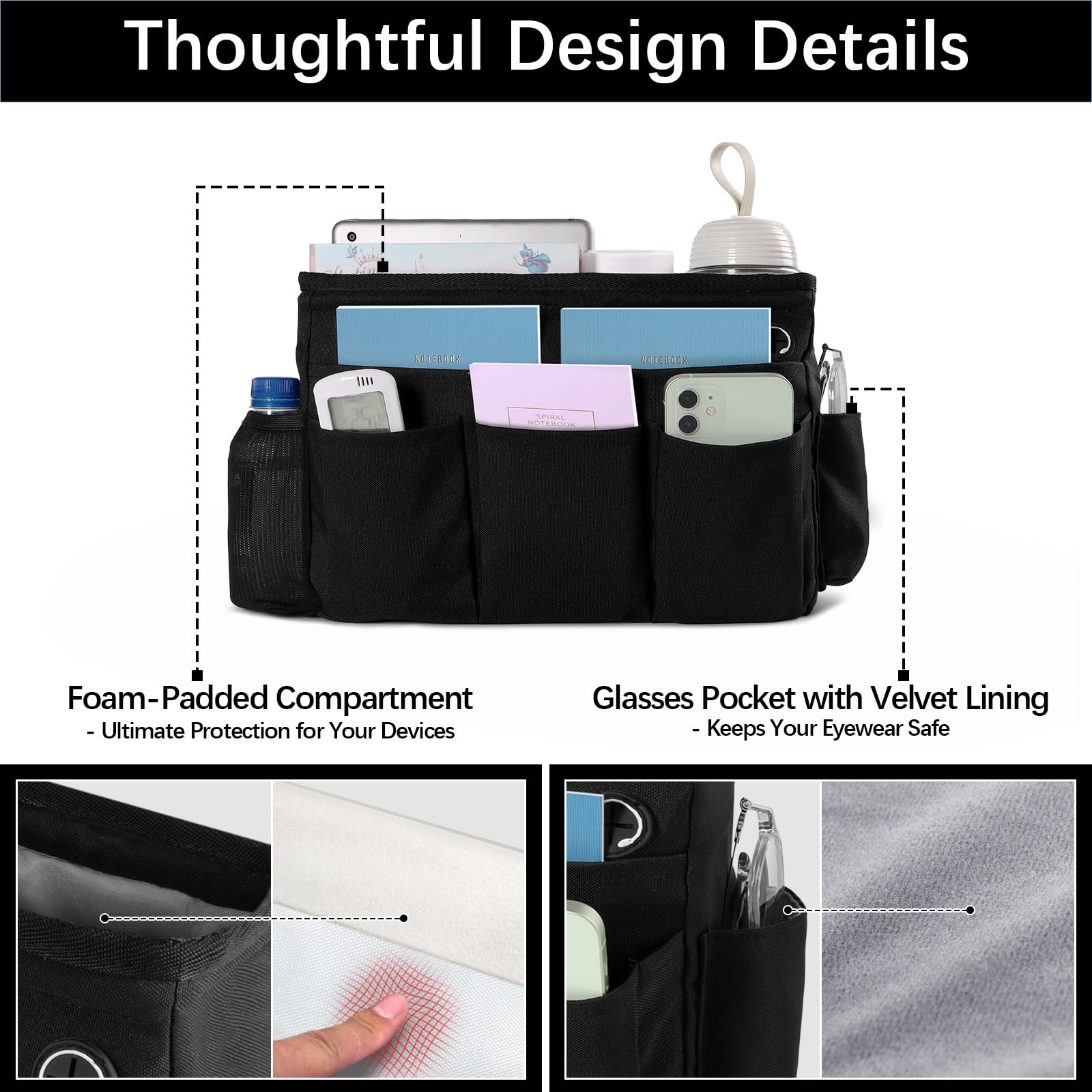 WOMACO Bedside Caddy, Dorm Bed Caddy with Adjustable Strap Buckles, Heavy Duty Multi Pockets Bunk Loft Bed Accessories Hanging O