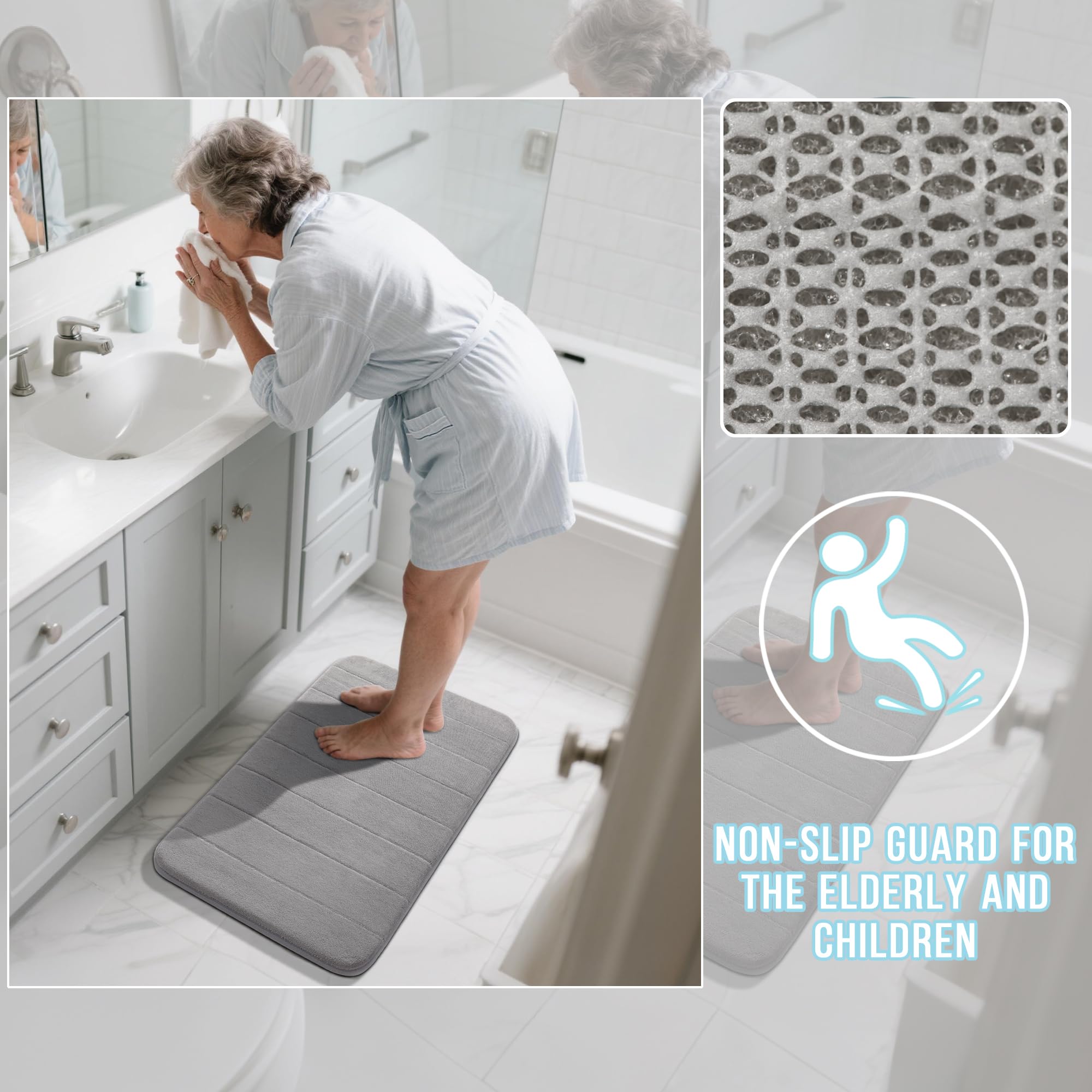 Yimobra Memory Foam Bath Mat Set  2 Piece Soft Rugs 17x24 and 24x20.4 U-Shaped  Toilet rug  Water Absorption  Non Slip  Thick  Dry Fast for Bathroom Floor Mat  Grey