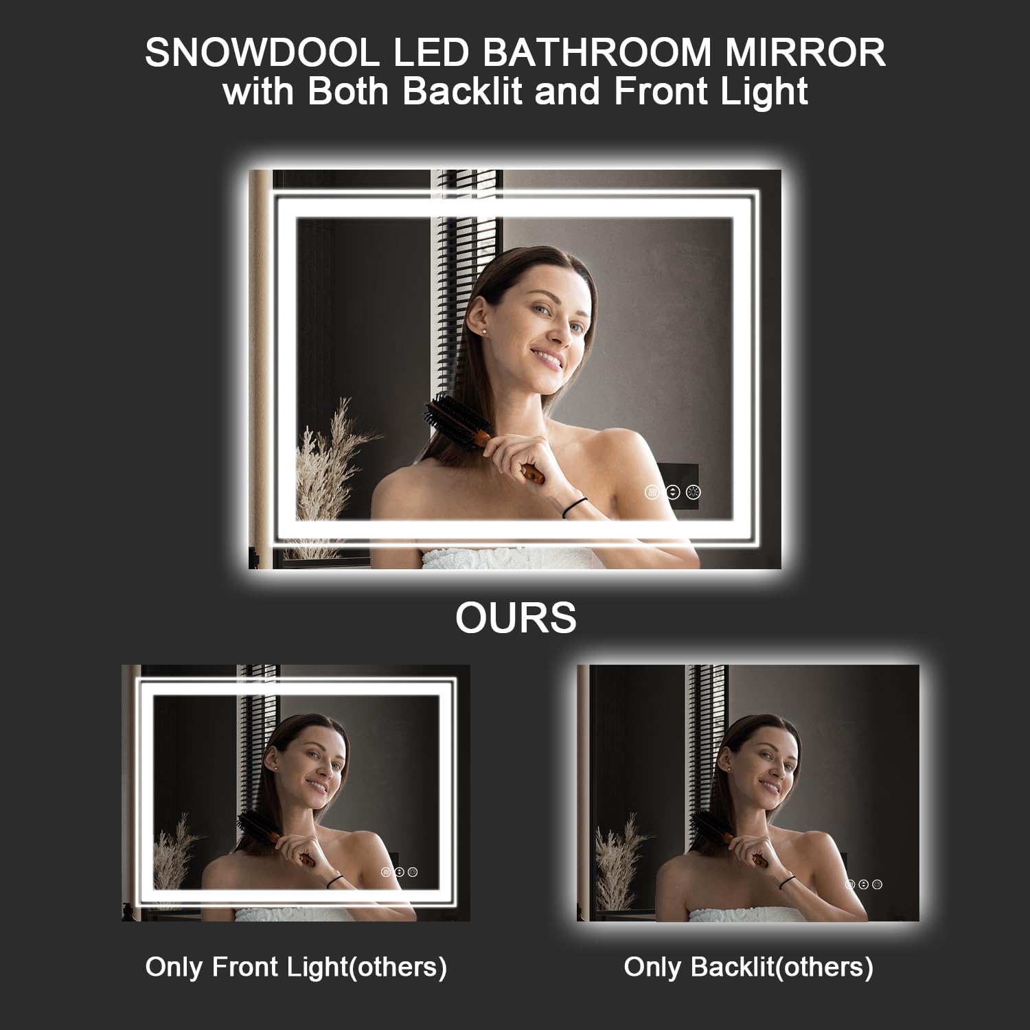 Snowdool 55X36 Front And Backlit Mirror Bathroom Led Mirror, Anti-Fog Bathroom Mirror With Lights, Stepless Dimmable, 3 Colors L