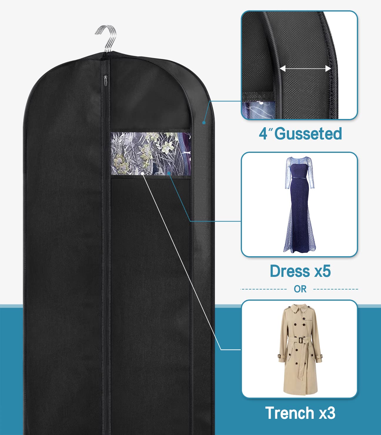KIMBORA 60'' Dress Garment Bags for Hanging Clothes Travel  Gusseted Garment Bags for Closet Storage with Handles for Long Gowns  Coats(3 Packs)