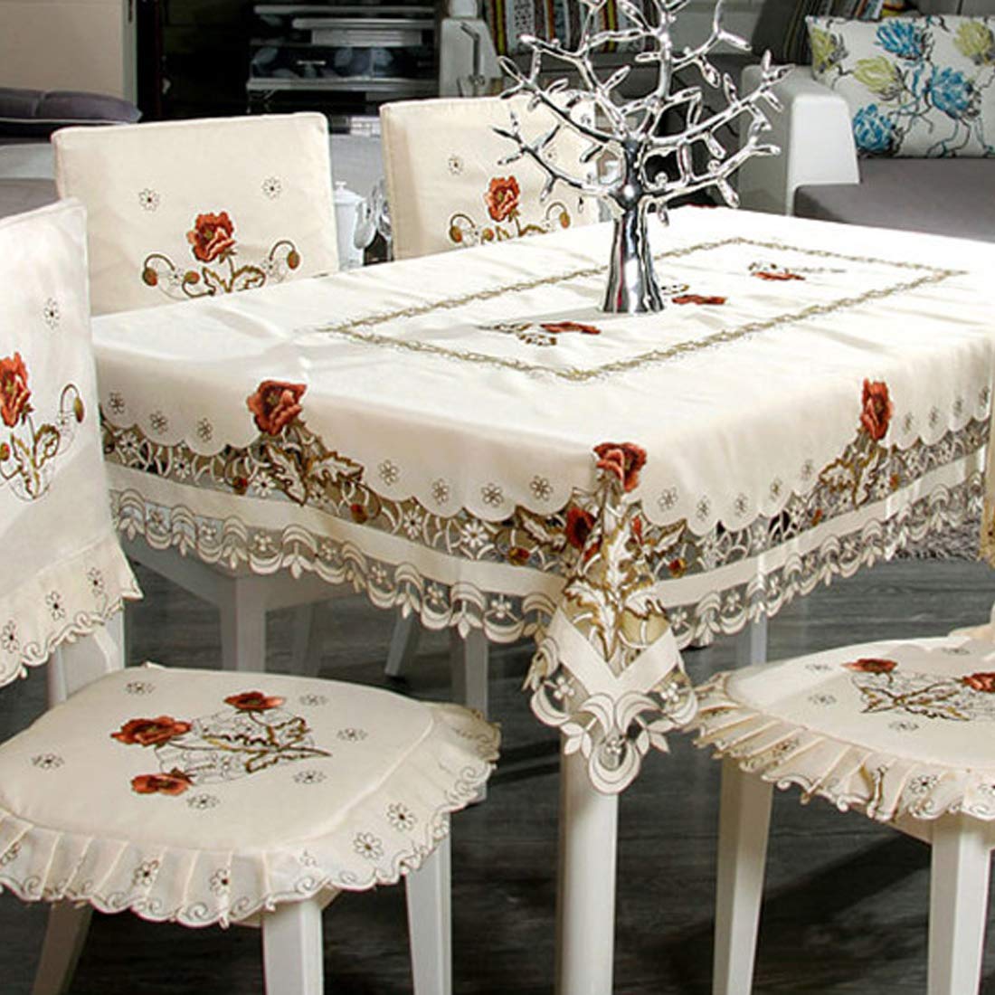 Lelehome 68'' Round Rufous Flower Embroidered Lace Cream Beige Tablecloth, Vintage Classic Dining Table Cloth Wrinkle Free Table