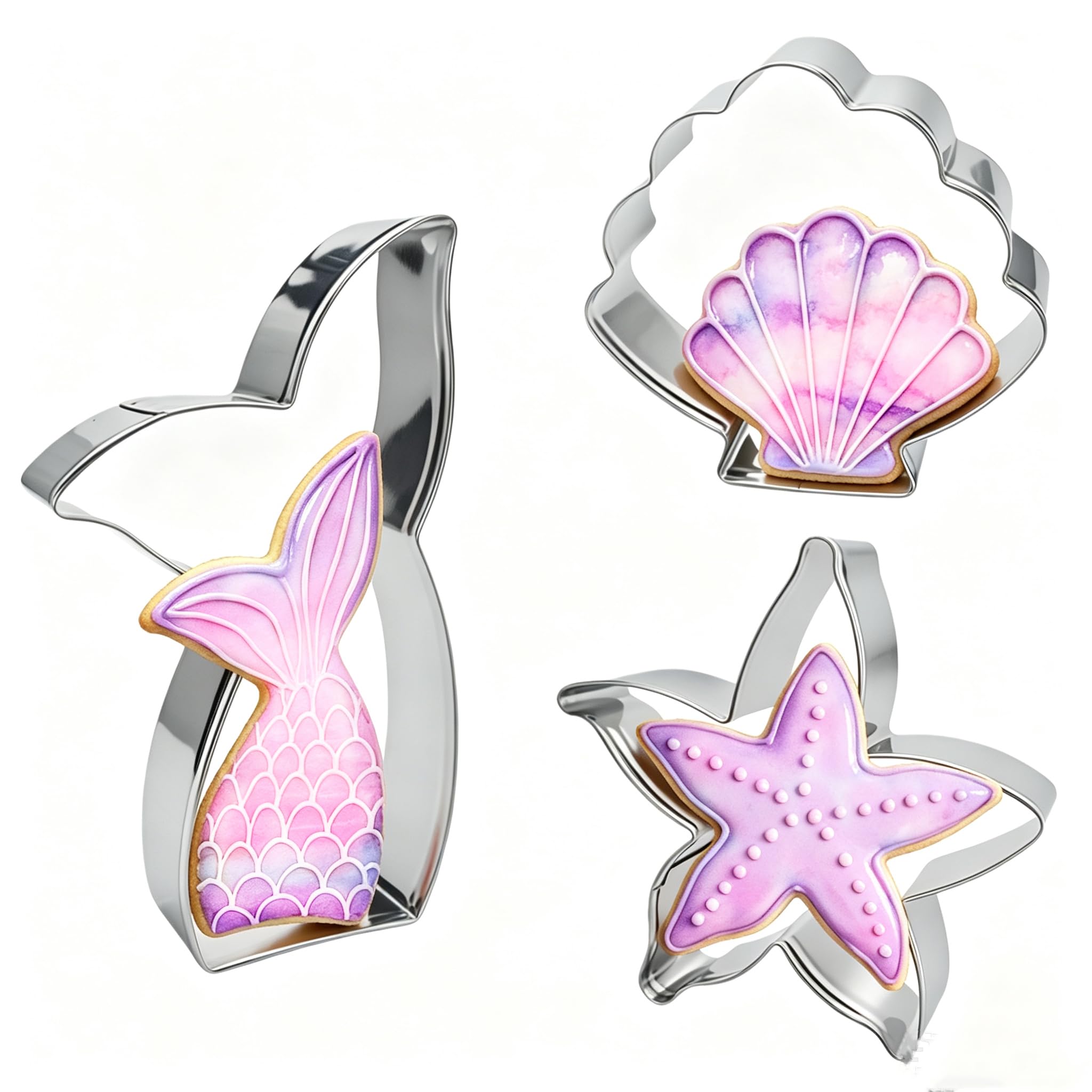 QBAKER Mermaid Cookie Cutters,Mermaid tail, Starfish, SeashellStainless Steel Holiday Cookie Cutters Shapes for Baking Gift