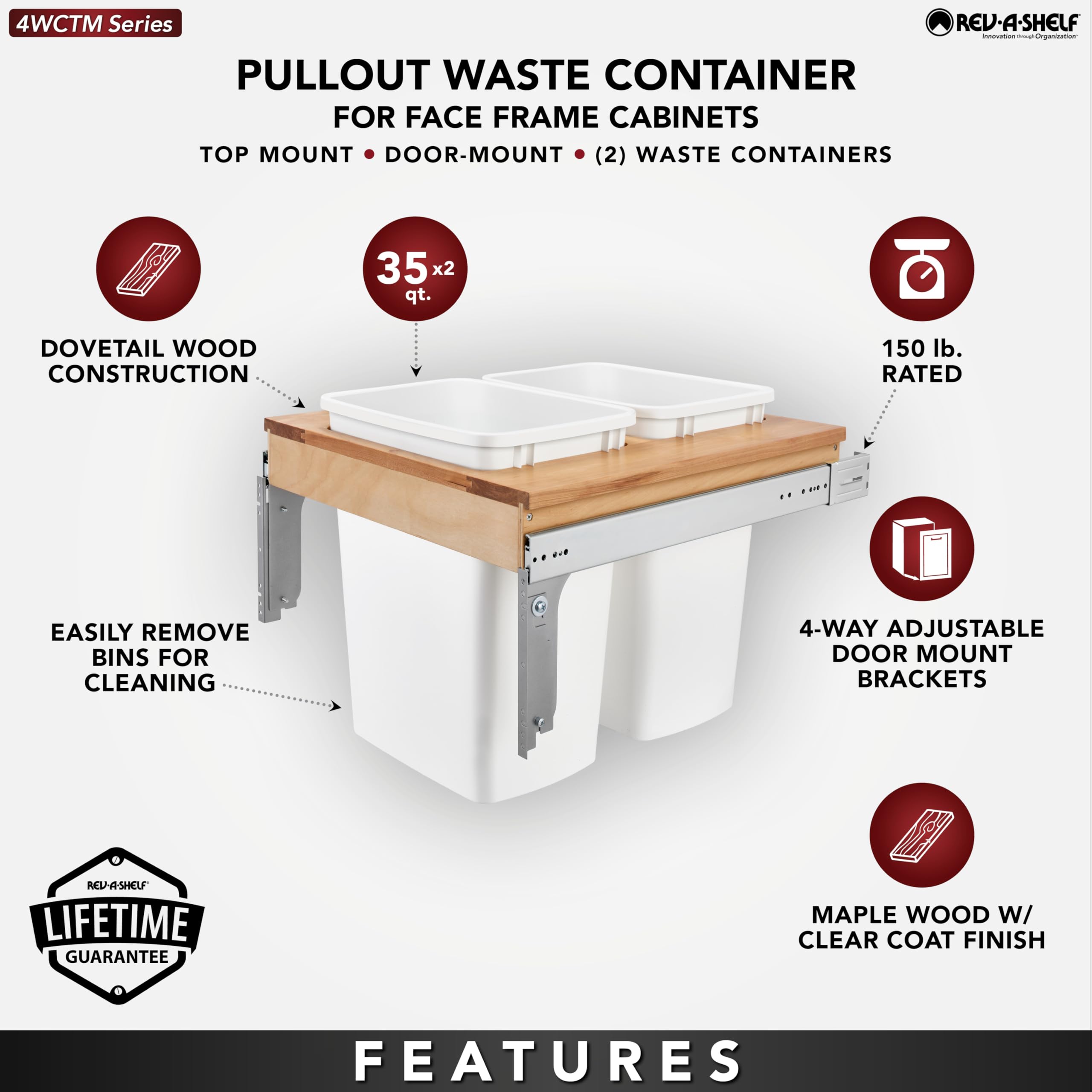 Rev-A-Shelf Double Pullout Trash Can For Base Kitchen/Bathroom Cabinets, 35 Qt Wood Top Mount Garbage Bin, 21 X 1.5 Face-Fra