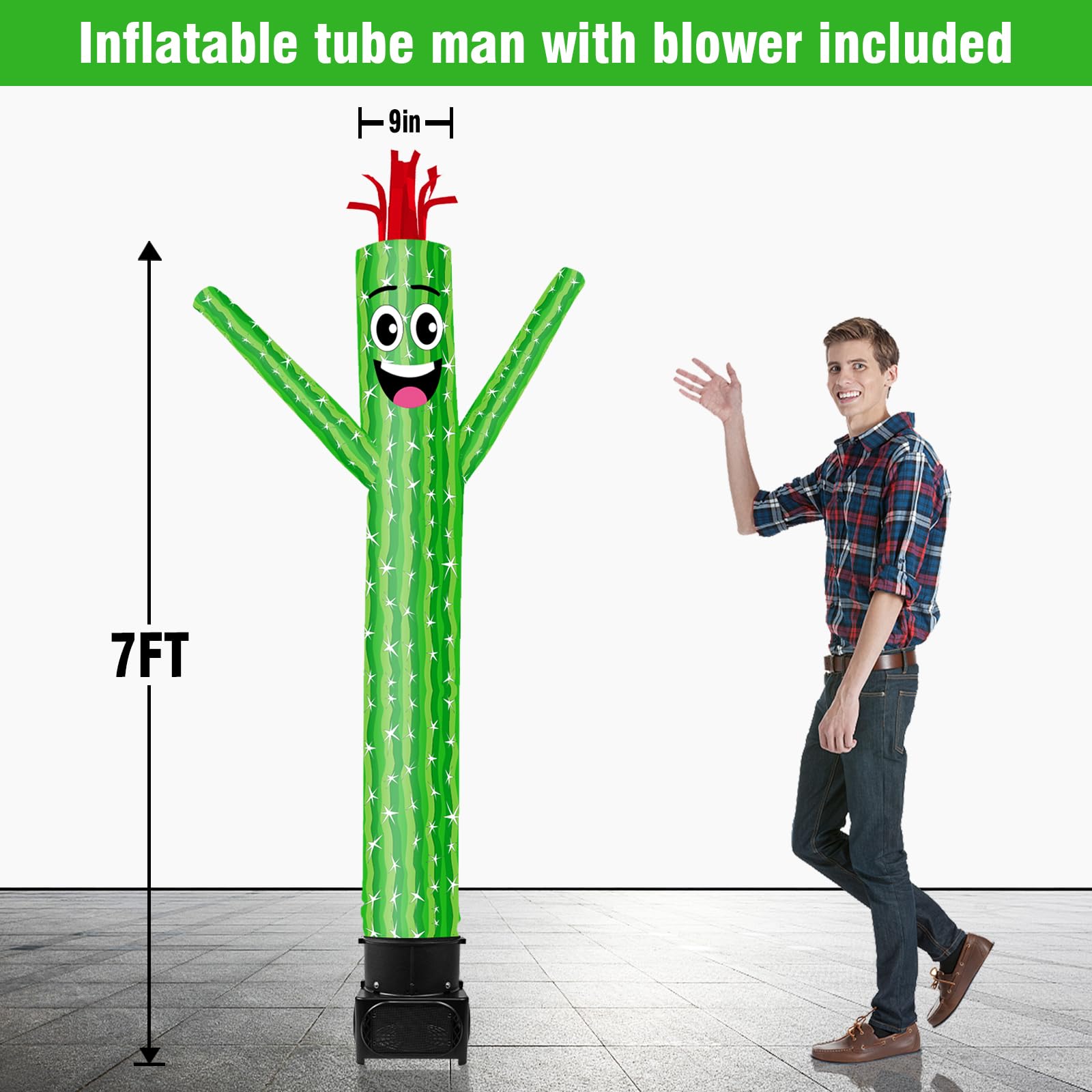 GOODENY 7FT Tall Inflatable Tube Man Cactus Wacky Wavy Dancing Guy with Weather-Resistant Blower (9  Diameter) for Outdoor Decor