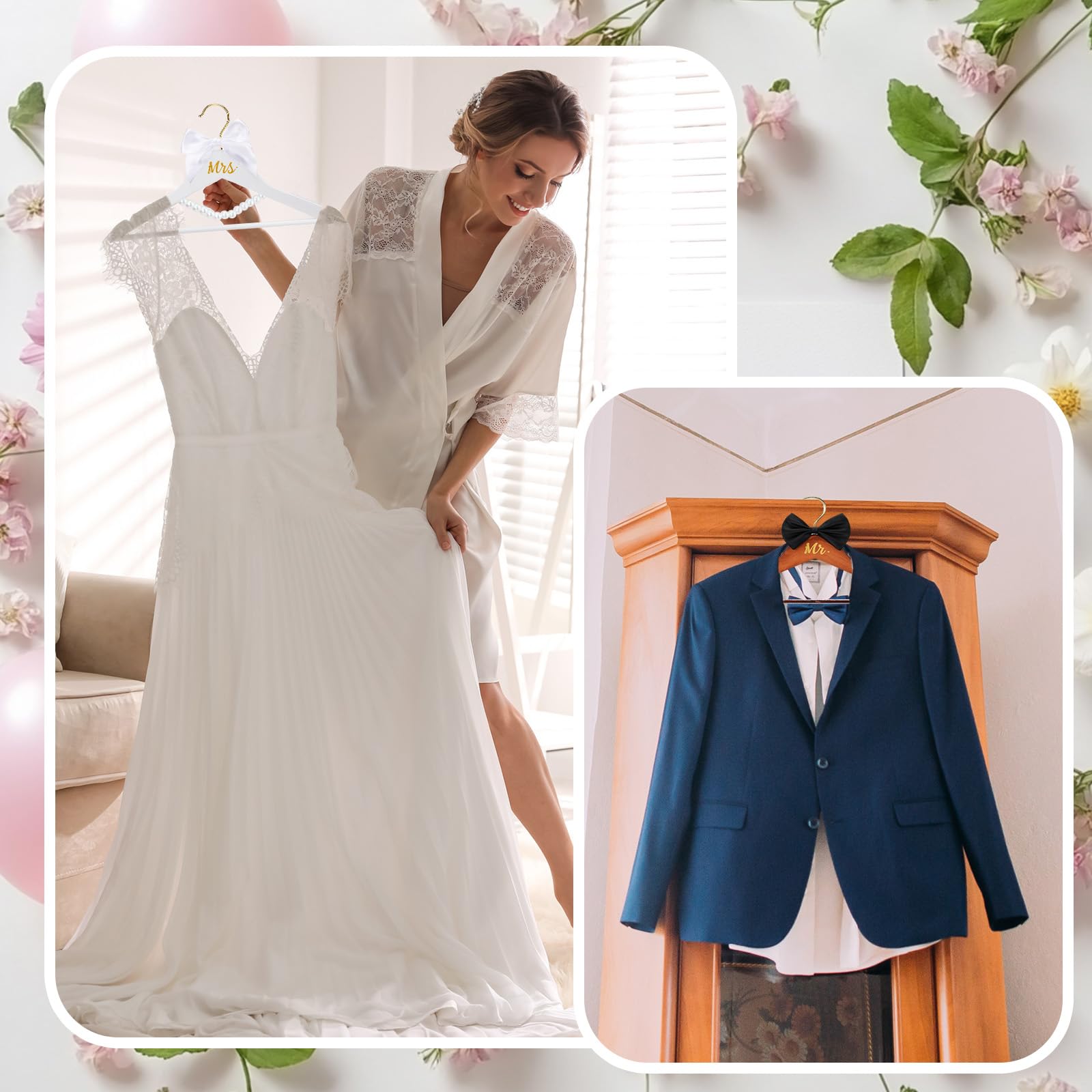 Beeveer 2 Pcs Bride Hanger Bride and Groom Wooden Wedding Dress Hanger Set with Bow Tie for Tuxedo Suit Wedding Gift Bridal Part