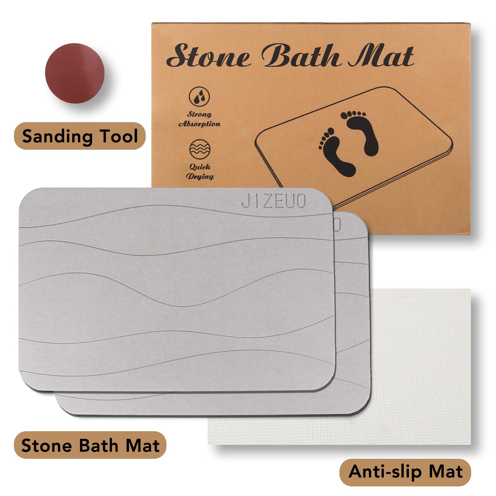 Stone Bath Mat Large, Diatomaceous Earth Shower Mat, Non-Slip Super Absorbent Quick Drying Bathroom Floor Mat, 2 Pack,23.62X15.3