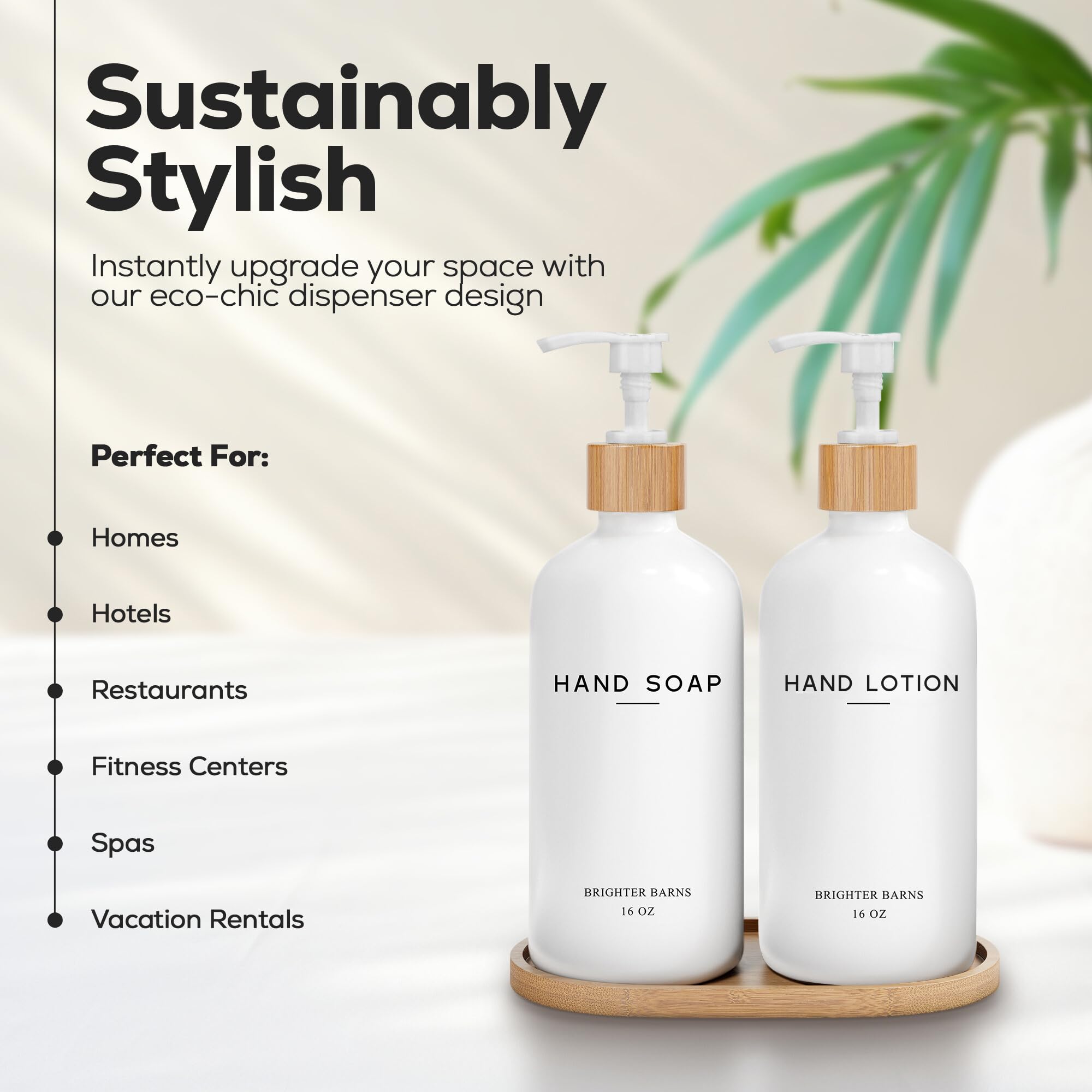 White Glass Soap And Lotion Dispenser Set With Tray By Brighter Barns - Hand Soap Dispenser Bathroom Set - Bamboo Bathroom Soap