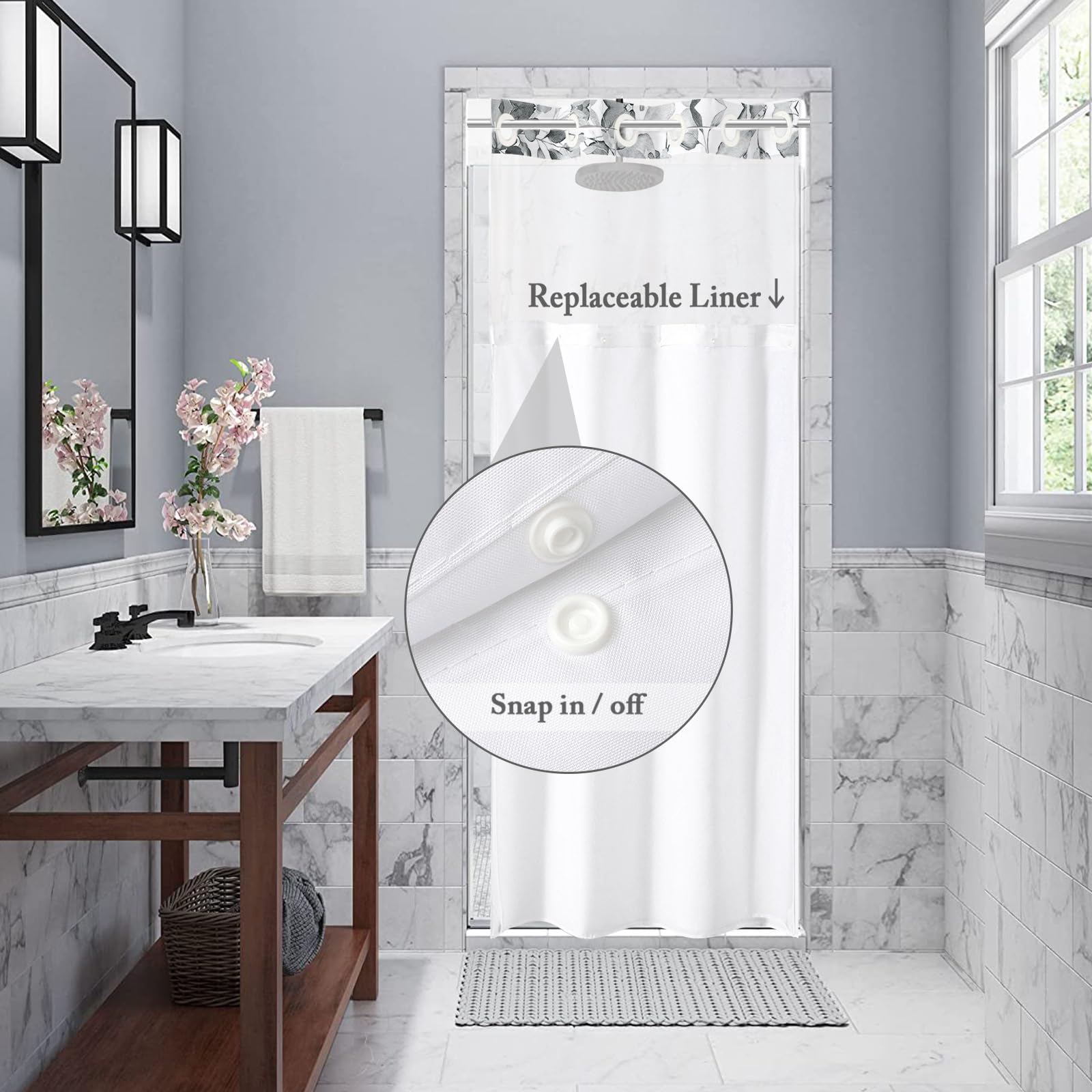 Gibelle Small Stall No Hook Shower Curtain With Snap-In Fabric Liner Set - 36'' X 74''(72''), Hotel Style Grey Eucalyptus Leaves