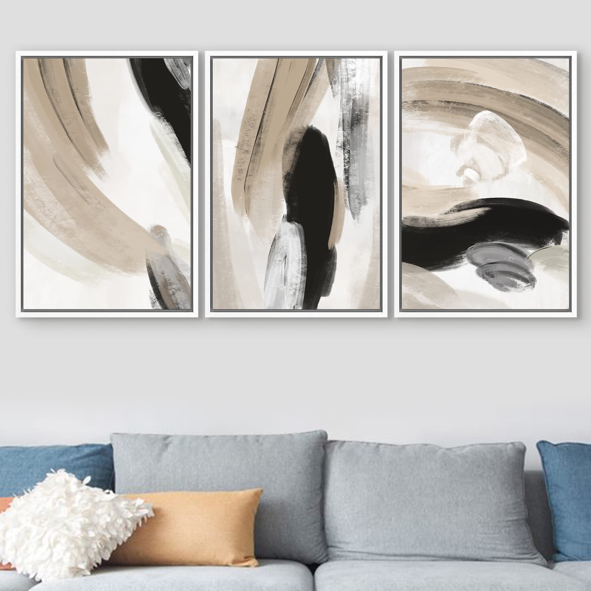 Signford Framed Canvas Print Wall Art Set Duotone Black Tan Paint Strokes Abstract Shapes Illustration Modern Art Decorative Nor