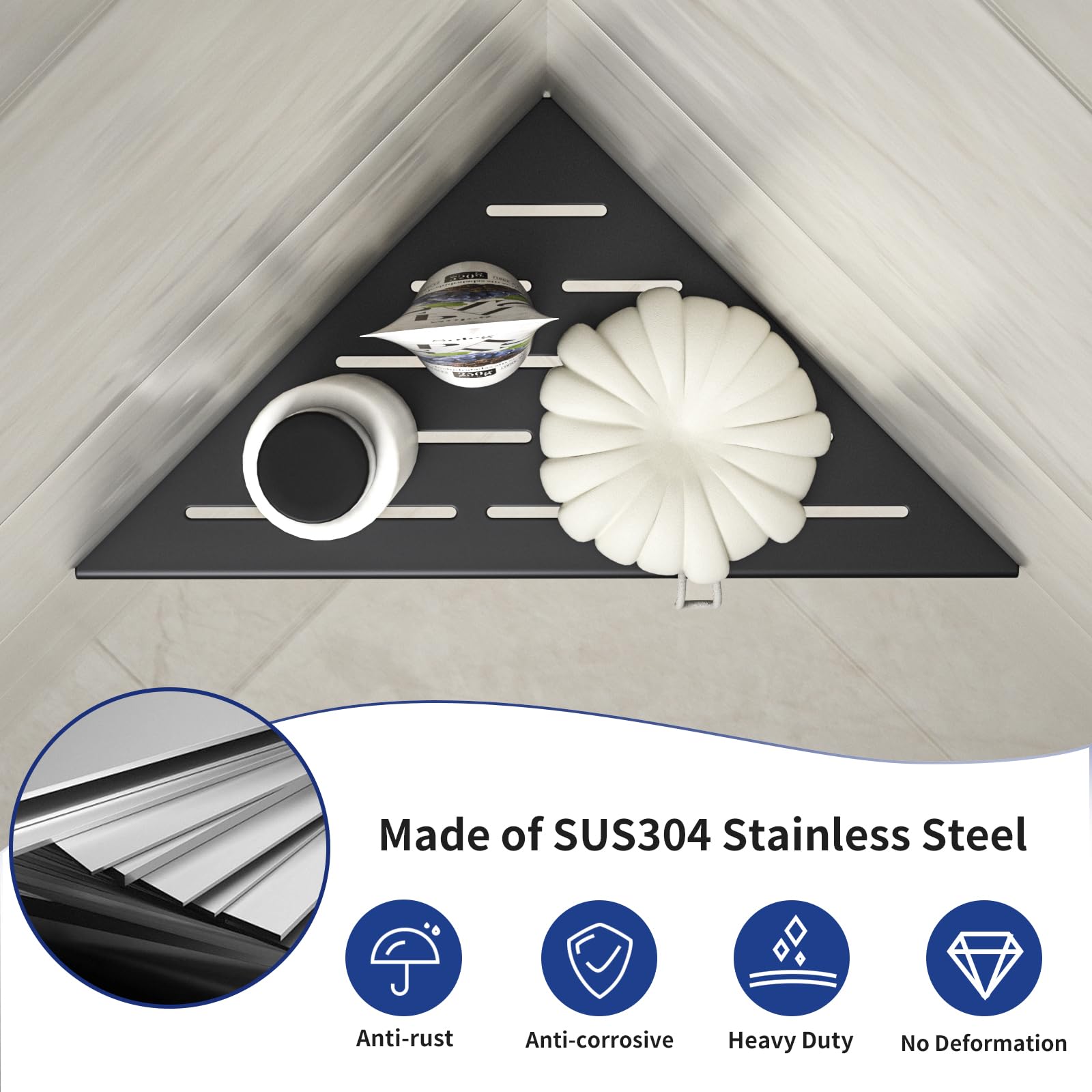 Bernkot Corner Shower Shelf 10'' Matte Black 304 Stainless Steel Slot Design Recessed Corner Shelf Bathroom Shower Shelf For Til