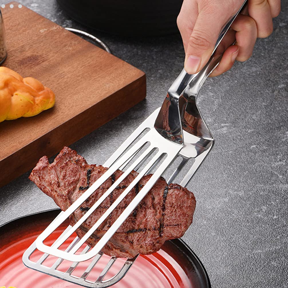 Hemoton Fish Spatula Stainless Steel Slotted Barbecue Clip Steak Clamp For Flipping Frying Fish Meat Eggs Pancakes