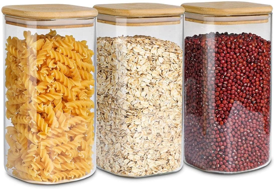 Kaqer Square Fancy Food Storage Containers Set, Airtight Food Jars With Bamboo Wooden Lids (330, Rectangular, 3, Kaqer123)