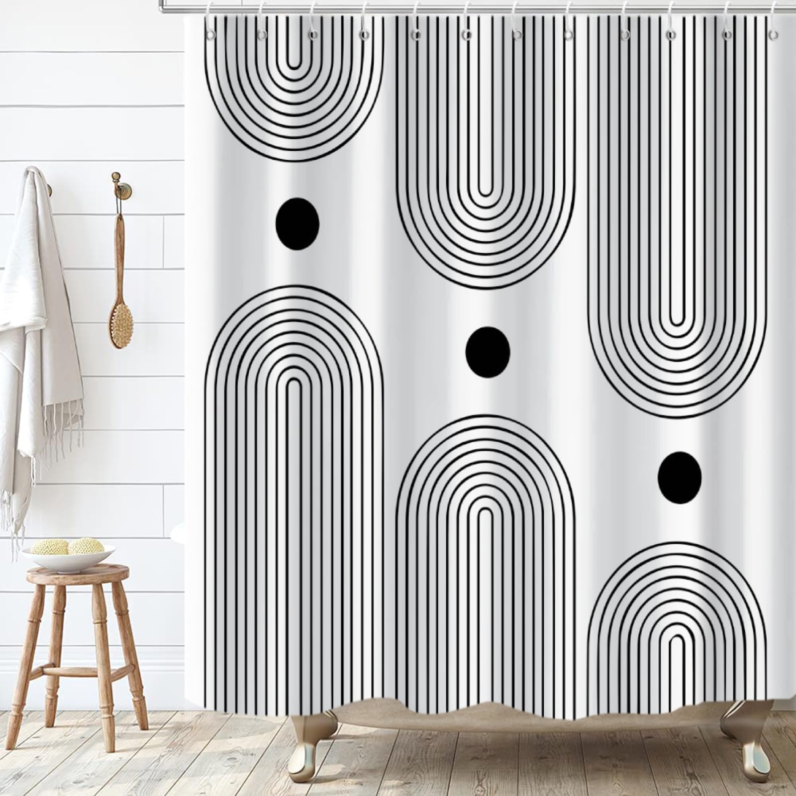 GKLEASG White and Black Shower Curtain  Boho Minimalist Mid Century Modern Arch Geometric Machine Washable Waterproof Fabric for Bathroom Bathtub Decor with Hooks 72x72