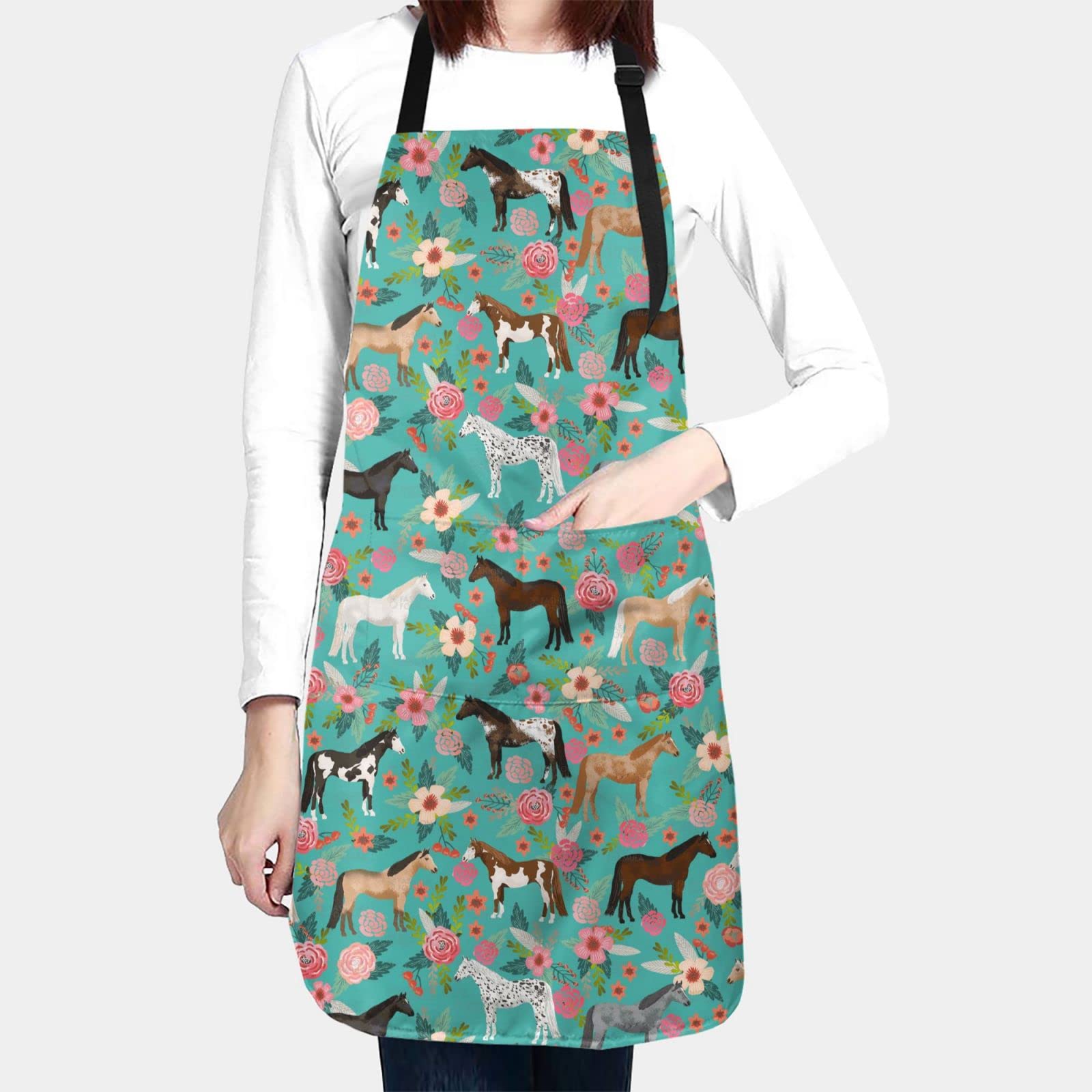 Welbb Aprons With Pockets For Men Women Kitchen Apron Cooking Waterproof With Adjustable Neck Floral Horse Print, Black, One Siz