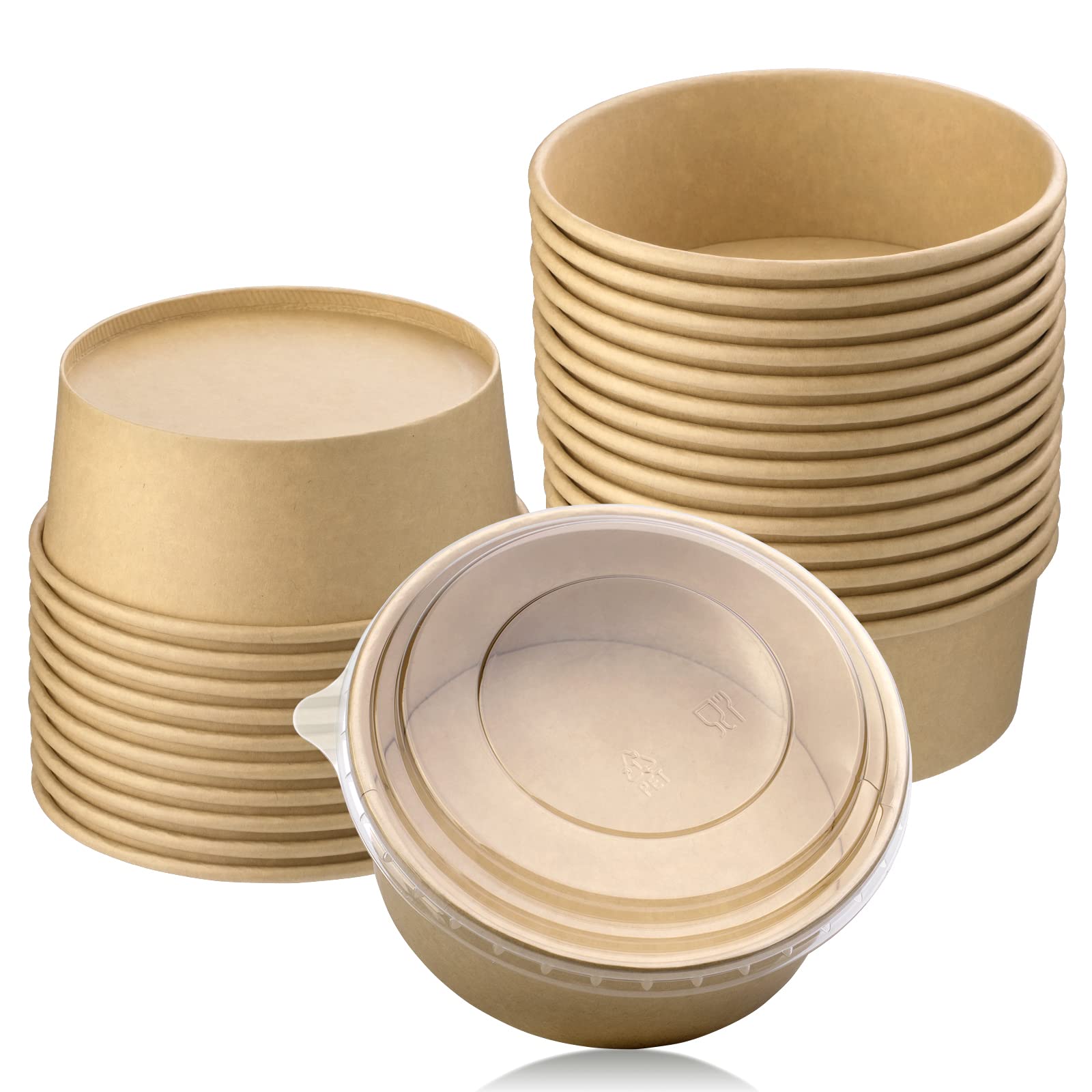 Giwrmu Paper Salad Bowls With Clear Lids, 750 Ml Disposable Round Shape Kraft Food Containers Suit For Bbq, Gatherings And Parti