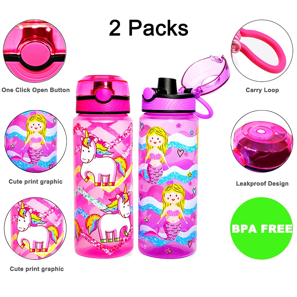 Home Tune 23Oz Kids Water Drinking Bottle 2 Pack - Bpa Free, Auto Push Button, Chug Lid, Carry Loop Lightweight, Leak-Proof Wate