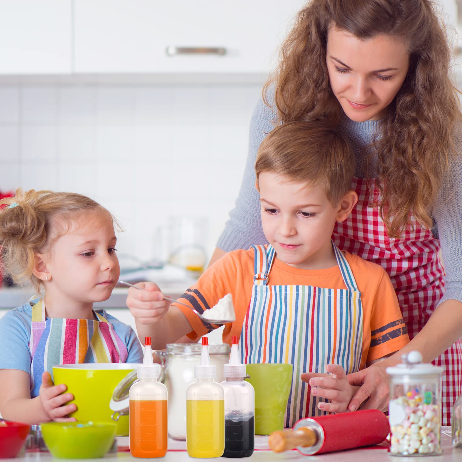 Cucumi 16Pcs 4Oz Plastic Squeeze Bottles, With Red Tip Caps And Measurement, With Extra 1 Funnel, 18 Kraft Paper Stickers And 1