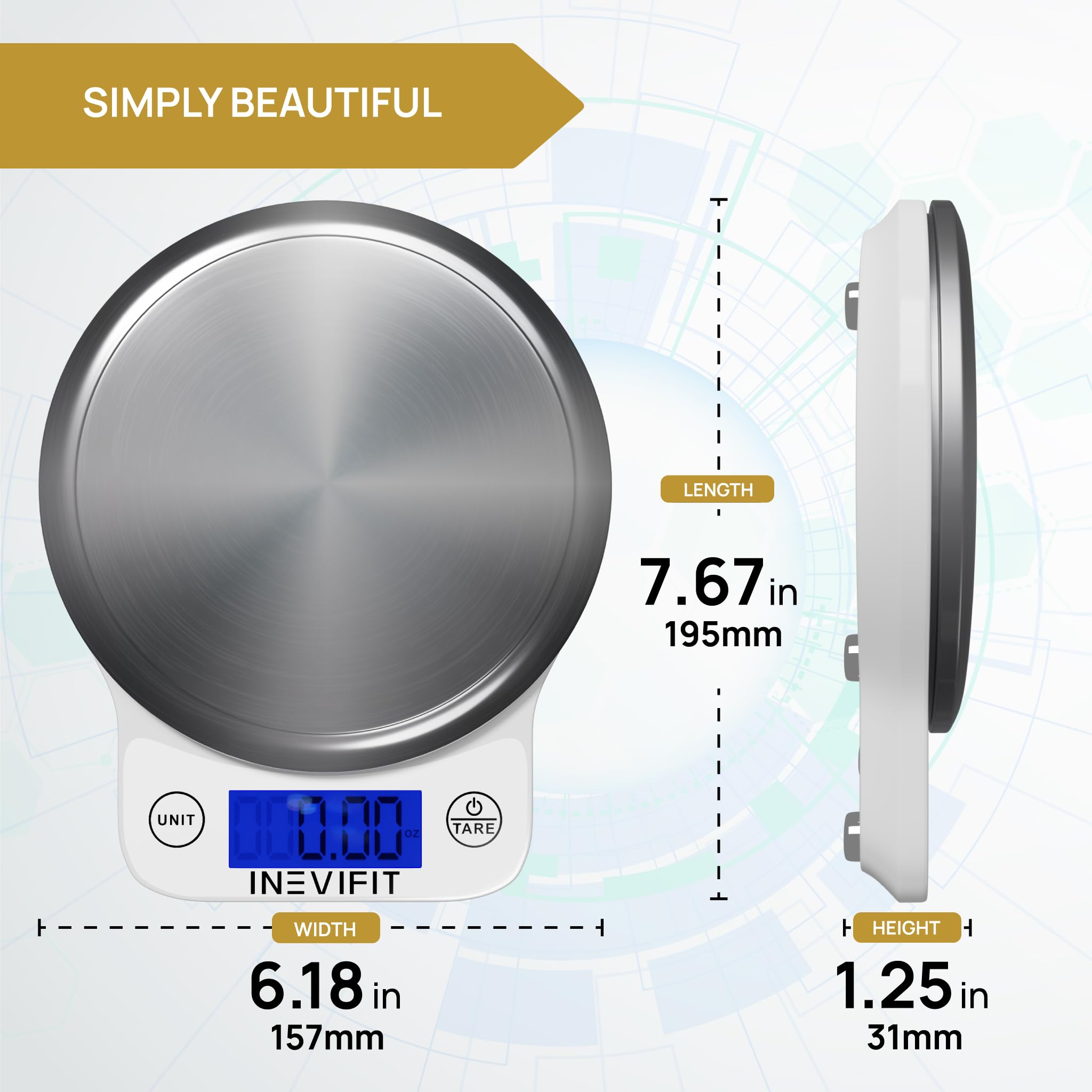 Inevifit Digital Kitchen Scale, Highly Accurate Multifunction Food Scale 13 Lbs 6Kgs Max, Clean Modern White With Premium Stainl