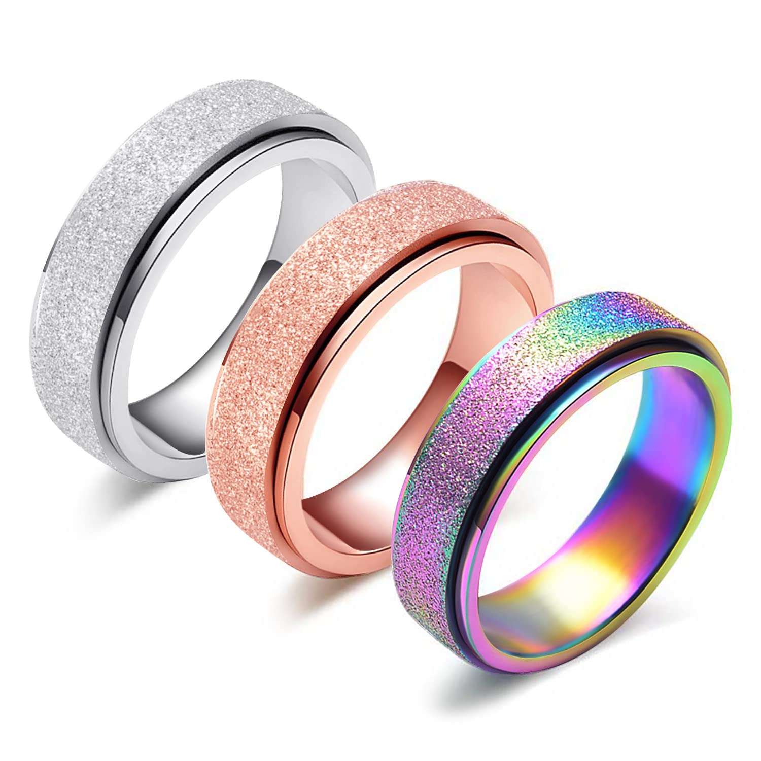 Laoyou Spinner Ring For Women Anxiety Relief - 6Mm Stainless Steel Glitter Rose Gold Silver Rainbow 3Pcs Fidget Rings Band Pack