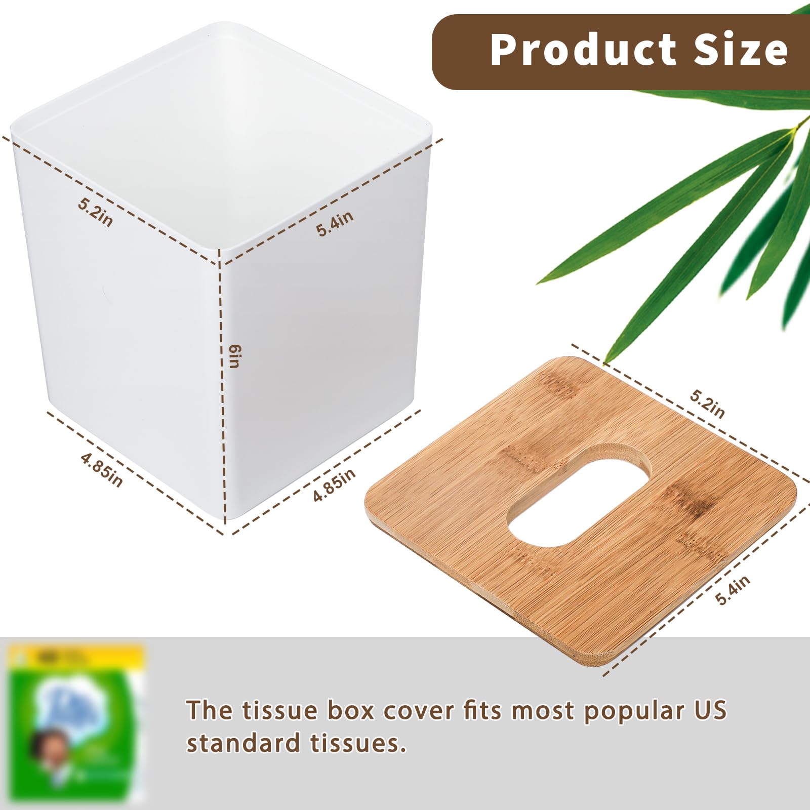 Tissue Box Cover Square,Tissue Box Holder With Bamboo Lid,Tissue Dryer Sheet Holder For Modern Farmhouse Boho Decor,1 Pack,(Whit