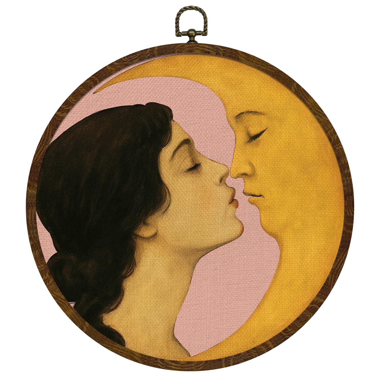 Klytink Romantic Moon And Young Girl Round Wall Art,Vintage-Inspired Celestial Canvas Print, Surreal Moon And Woman Hanging Deco