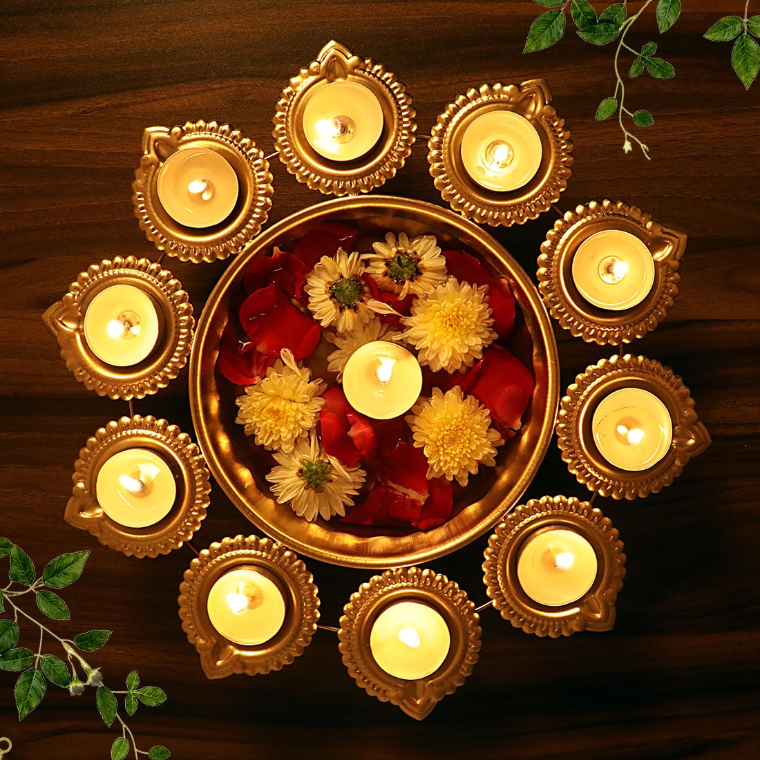 BEYOND THE MAT Floral Decorative Bowl Urli Diya, Diwali Decoration Items for Home Dcor, Handcrafted Elegant Centerpiece, Pooja R