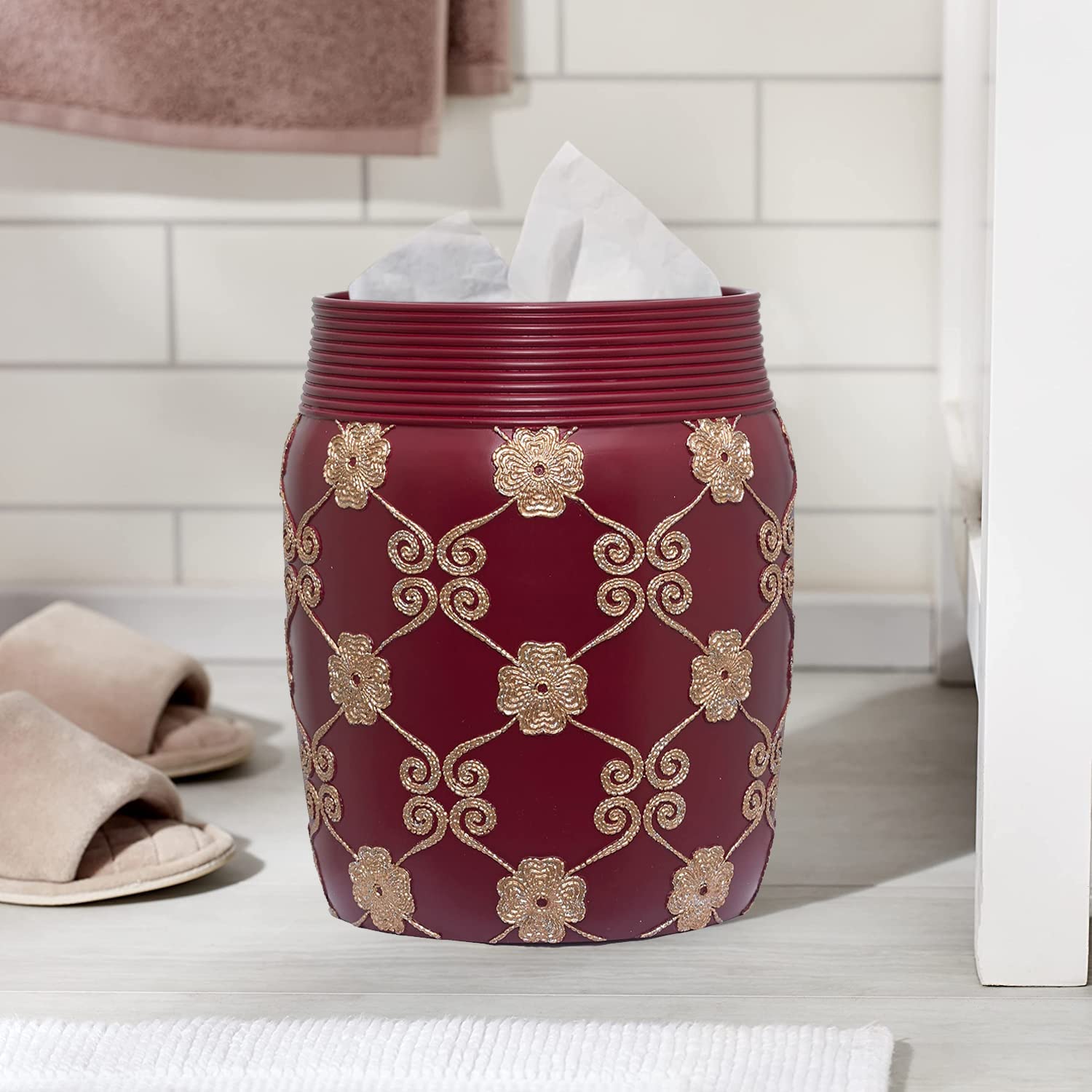 Popular Bath Vlegant Rosa Collection Resin Trash Can, Burgundy/Gold, 2.1 Gallons