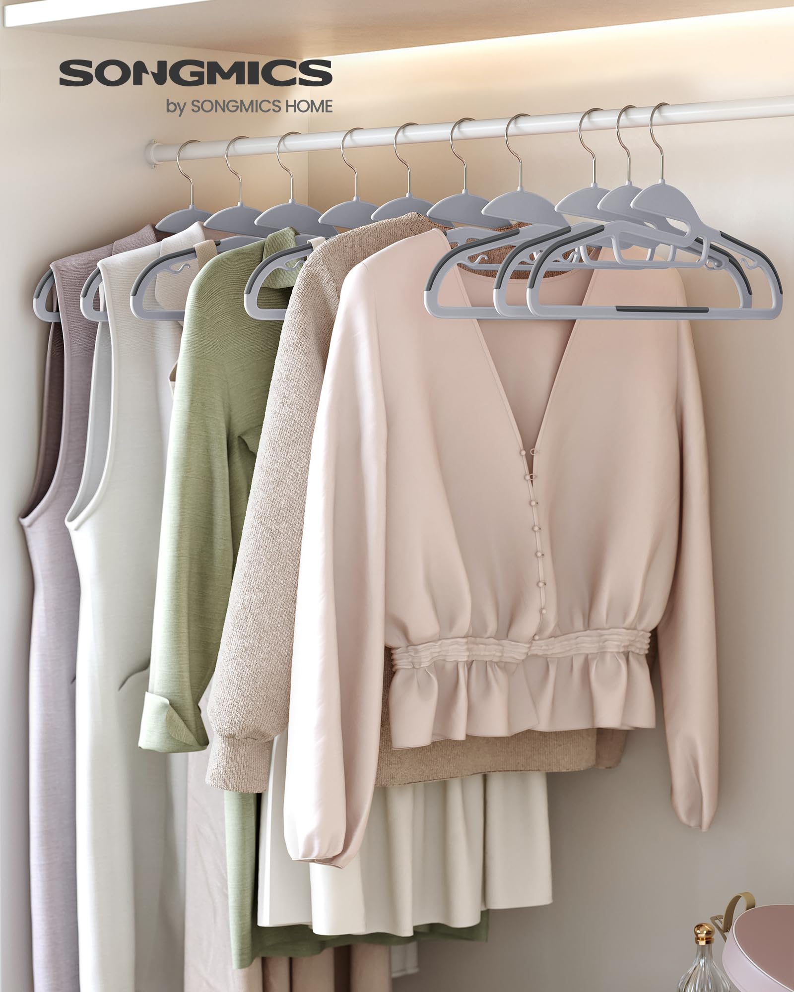 Songmics 50 Pack Coat Hangers, Heavy-Duty Plastic Suit Hangers, S-Shaped Opening, Space-Saving, 360 Swivel Hook, 16.3 Inches Wid