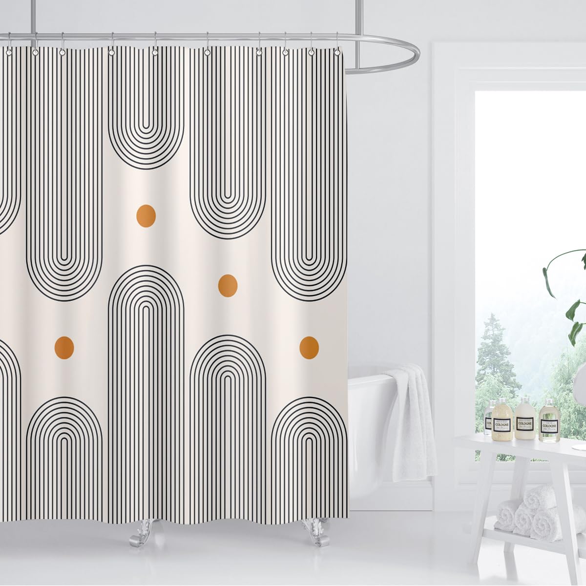 Zxmbf Mid Century Shower Curtain Boho Minimalist Abstract Arch Sun Simple Lines Geometric Modern Beige Bathroom Decor Waterproof