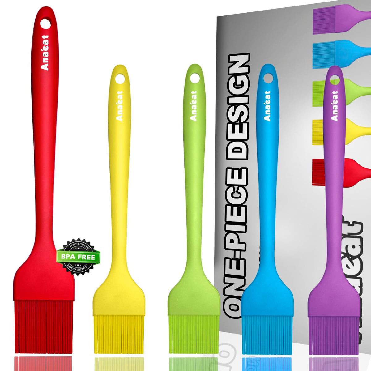 Anaeat High Heat Resistant Silicone Basting Pastry Brush Set Of 5- Hygienic One Piece Design Spread Oil Butter For Bbq Grill Bar
